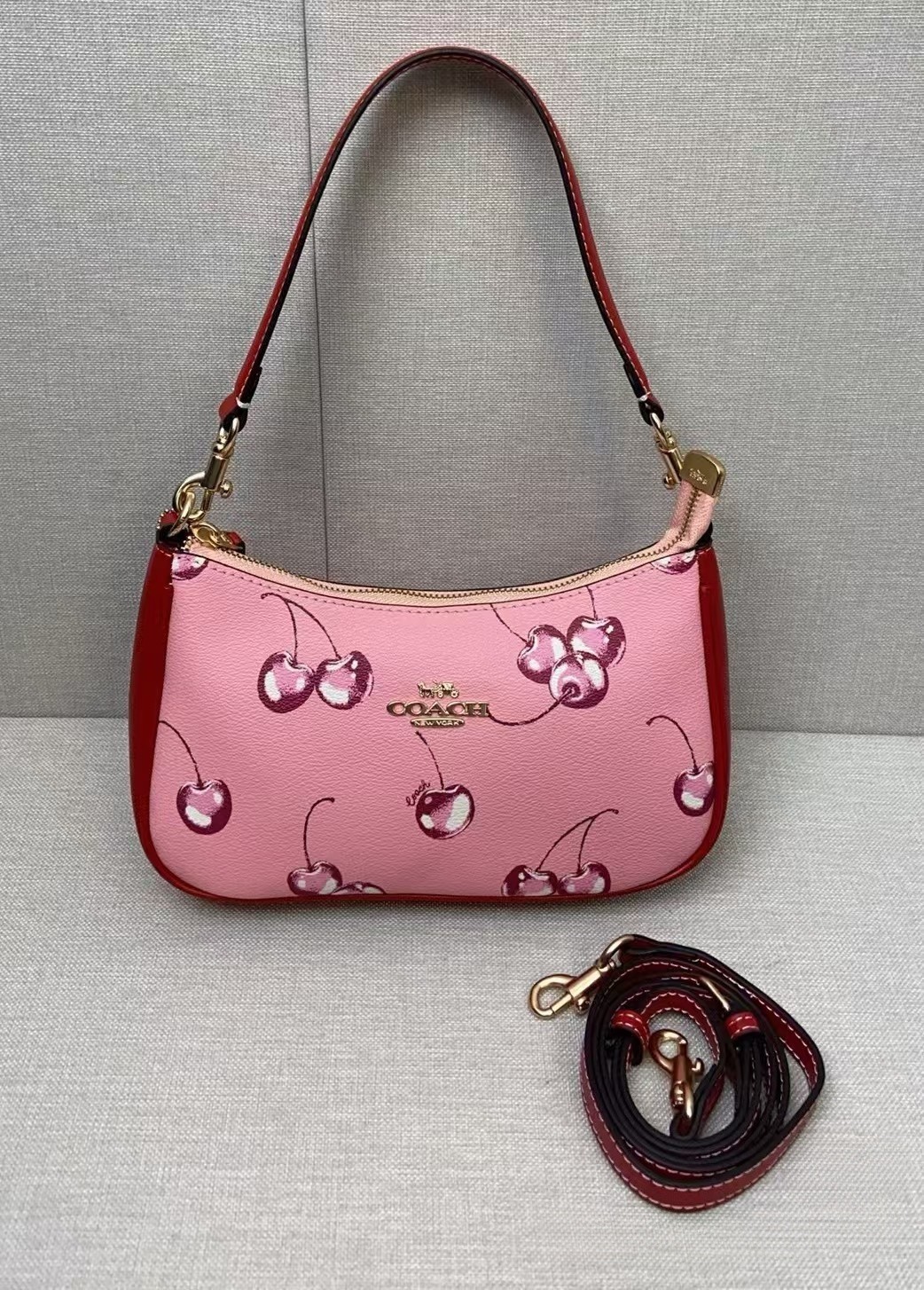 Coach Cherry Underarm Bag Pink x Burgundy Gold Hardware Adjustable Strap Coach Cherry Underarm Bag Pink x Burgundy Gold Hardware Adjustable Strap