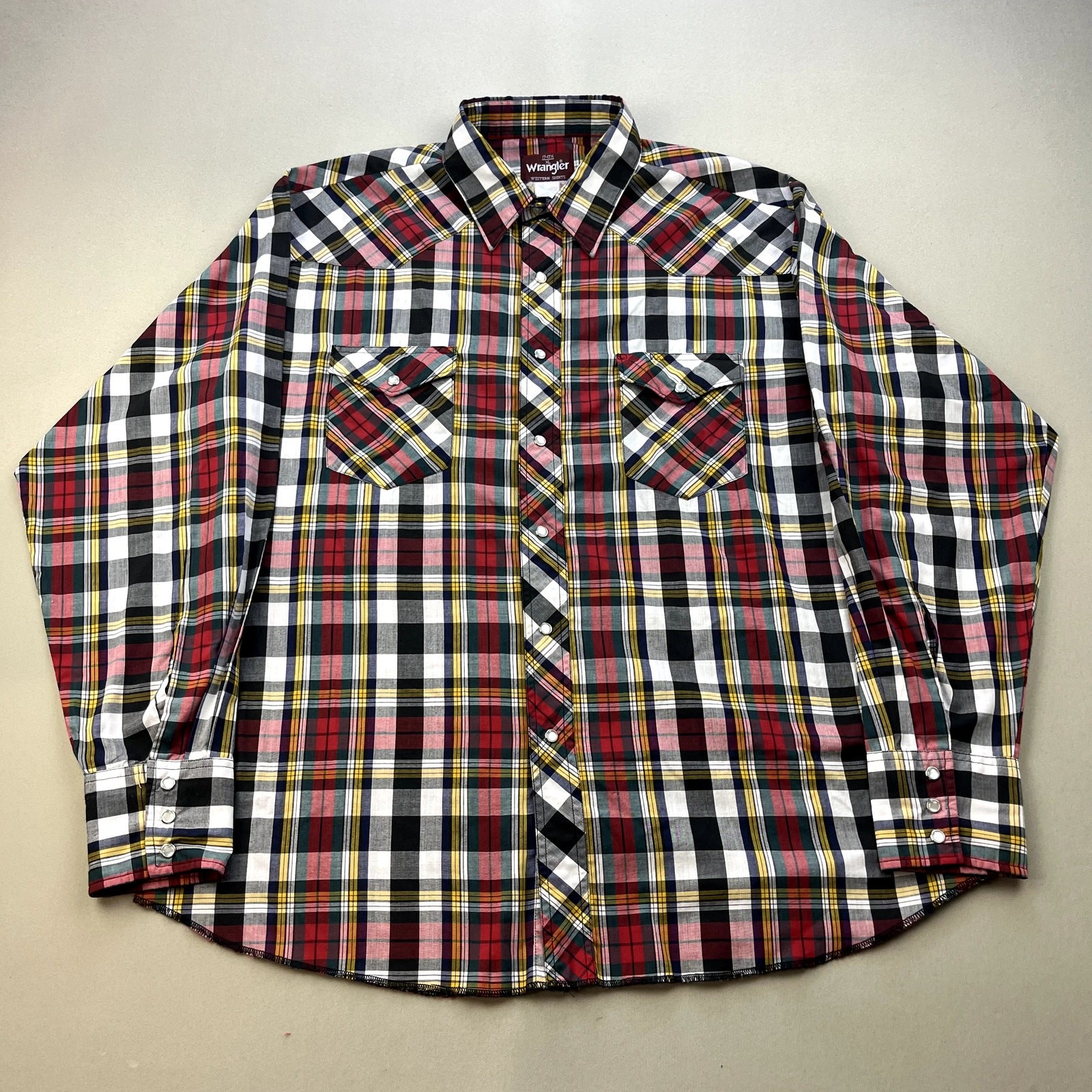 Vintage Wrangler Western Shirt Adult XL Red Plaid Pearl Snap Long Sleeve Cowboy