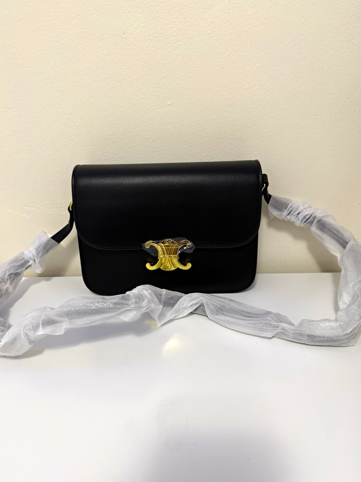 CELINE Black Small Crossbody Bag Gold-Tone Logo Hardware Clasp Detachable Strap