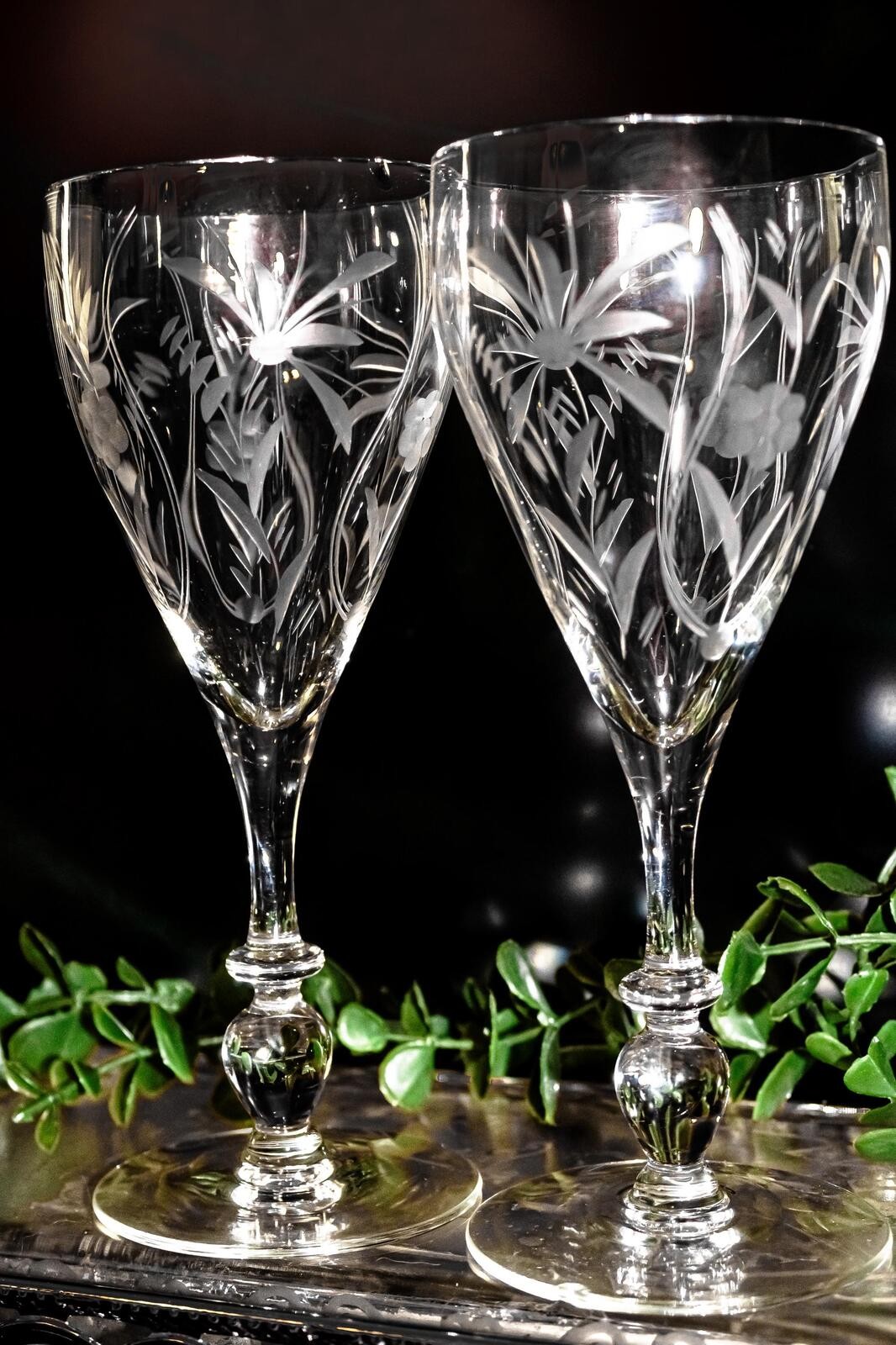 Vintage Sears Ambassador Water Goblets: Floral Etched Stemware (Set of 2) Vintage Sears Ambassador Water Goblets: Floral Etched Stemware (Set of 2)