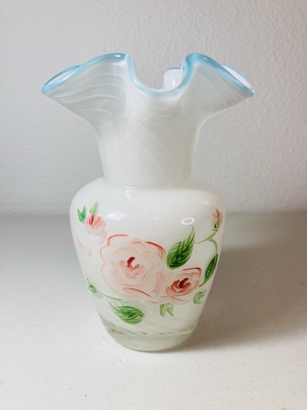 Fenton - Vintage Swirl 6” Glass Vase - Hand Painted Roses Ruffled Blue Crest Fenton - Vintage Swirl 6” Glass Vase - Hand Painted Roses Ruffled Blue Crest