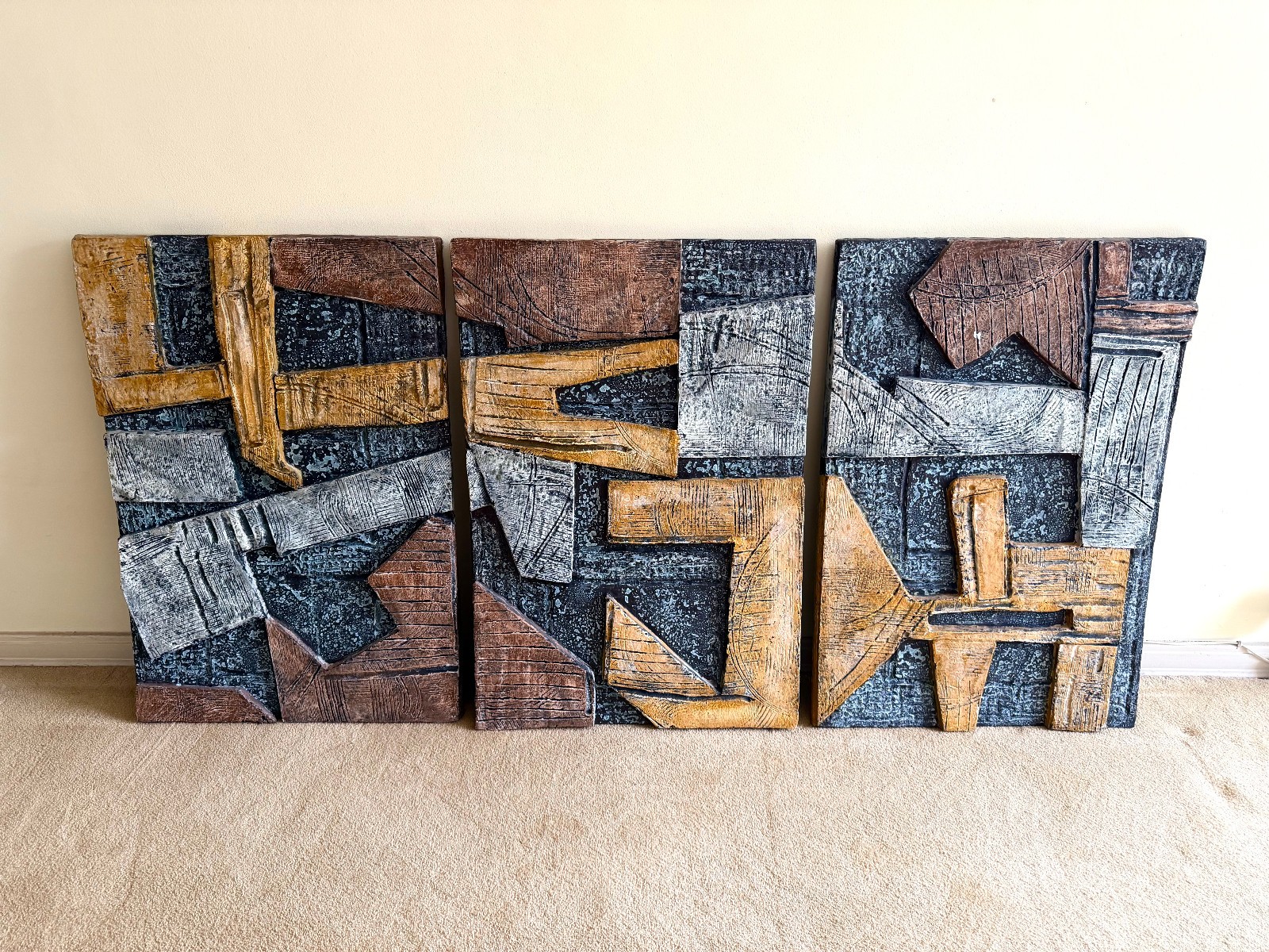 MCM Mid Century Style Brutalist Abstract Wall Art 3 Panels Sculptural Relief