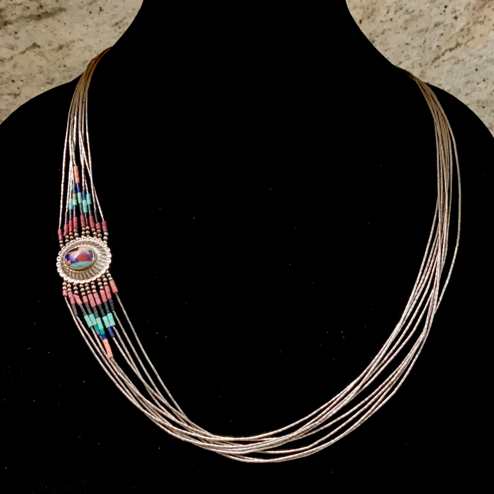 Native American Multi Colored Stone Liquid Silver Necklace Side Pendant Native American Multi Colored Stone Liquid Silver Necklace Side Pendant