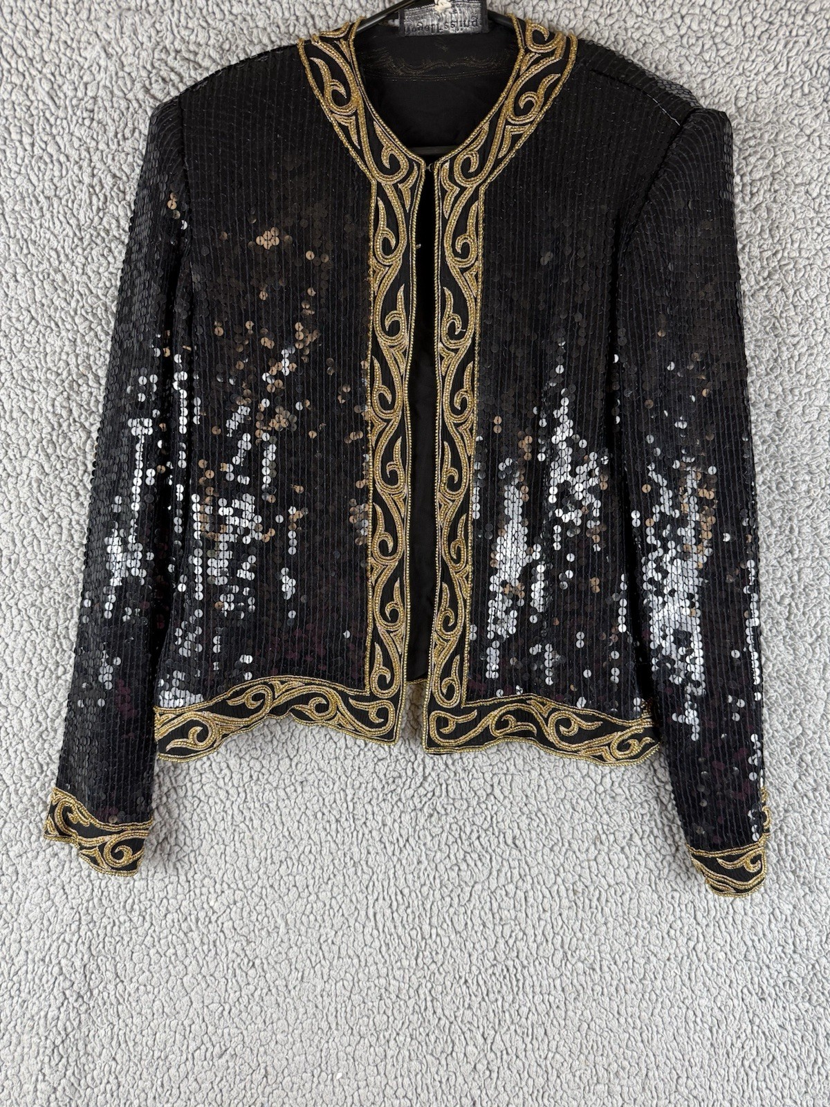 Vtg Royal Feelings Beaded Silk Jacket Med Black Gold Sequin Floral Art Deco 80s