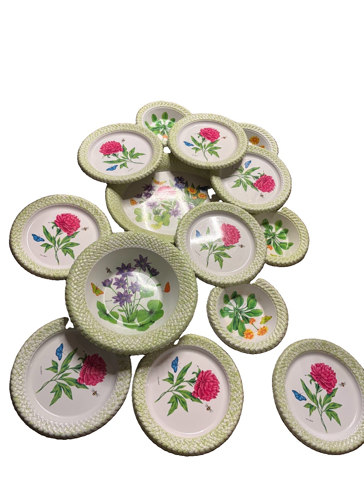 VTG MCM Set Floral Green Moth  Woven Edge Hard Plastic Bowls Plates Platter 14pc