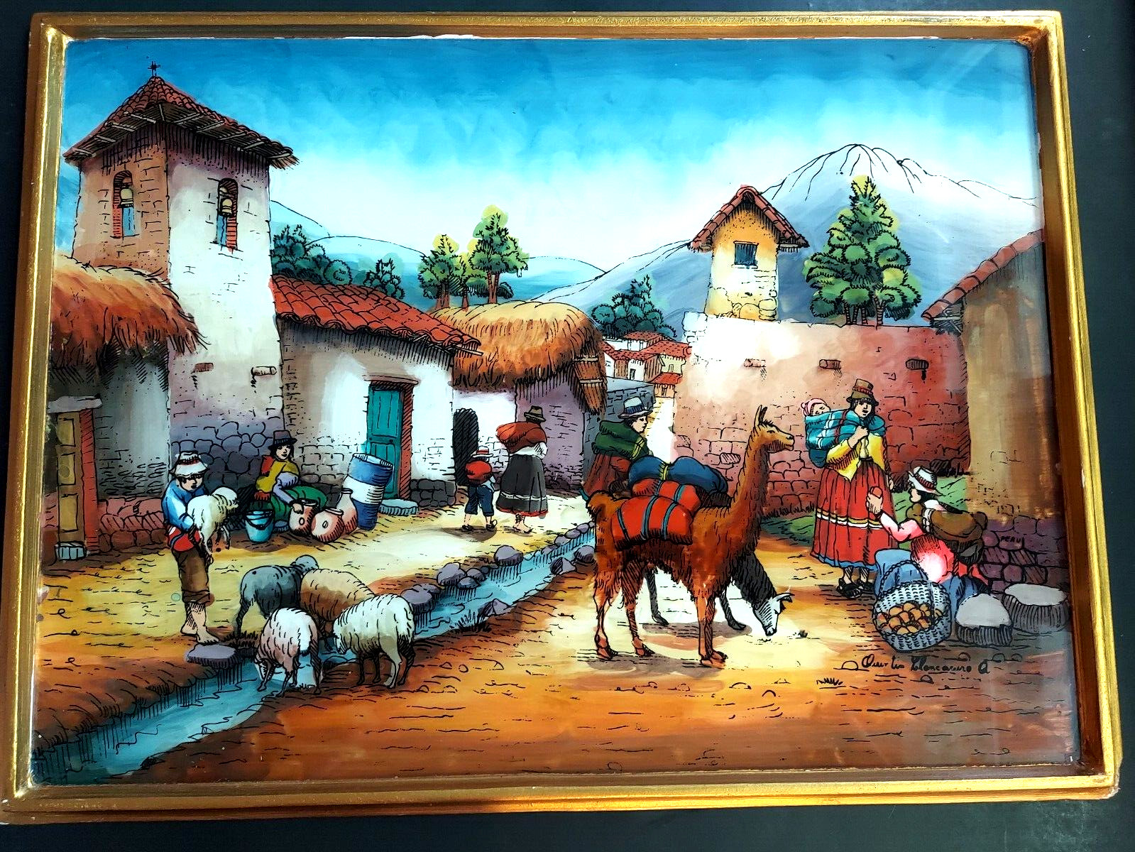 Vtg Peruvian Reverse Painted signed folk art South American Peru village 12x16\