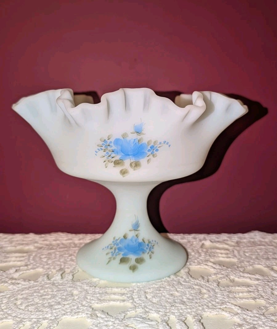 Vintage Fenton Blue Roses On Blue Custard Satin Ruffled Comport 6\