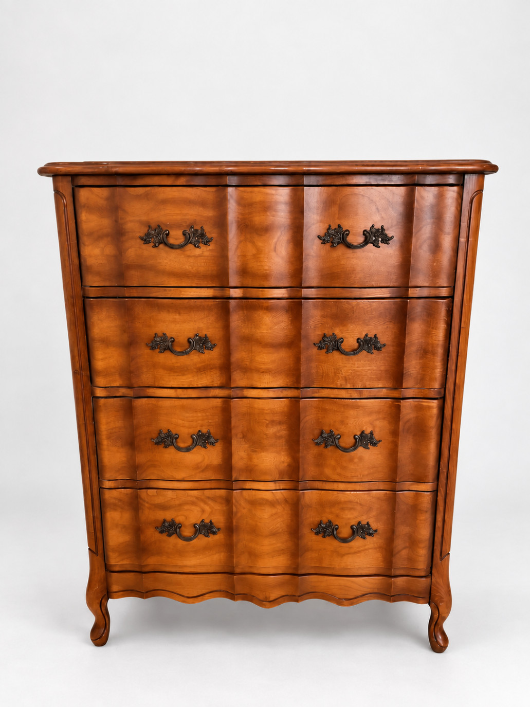 Vintage French Provincial Bombe Wood Chest of Drawers 4 Drawer Ornate Handles Vintage French Provincial Bombe Wood Chest of Drawers 4 Drawer Ornate Handles