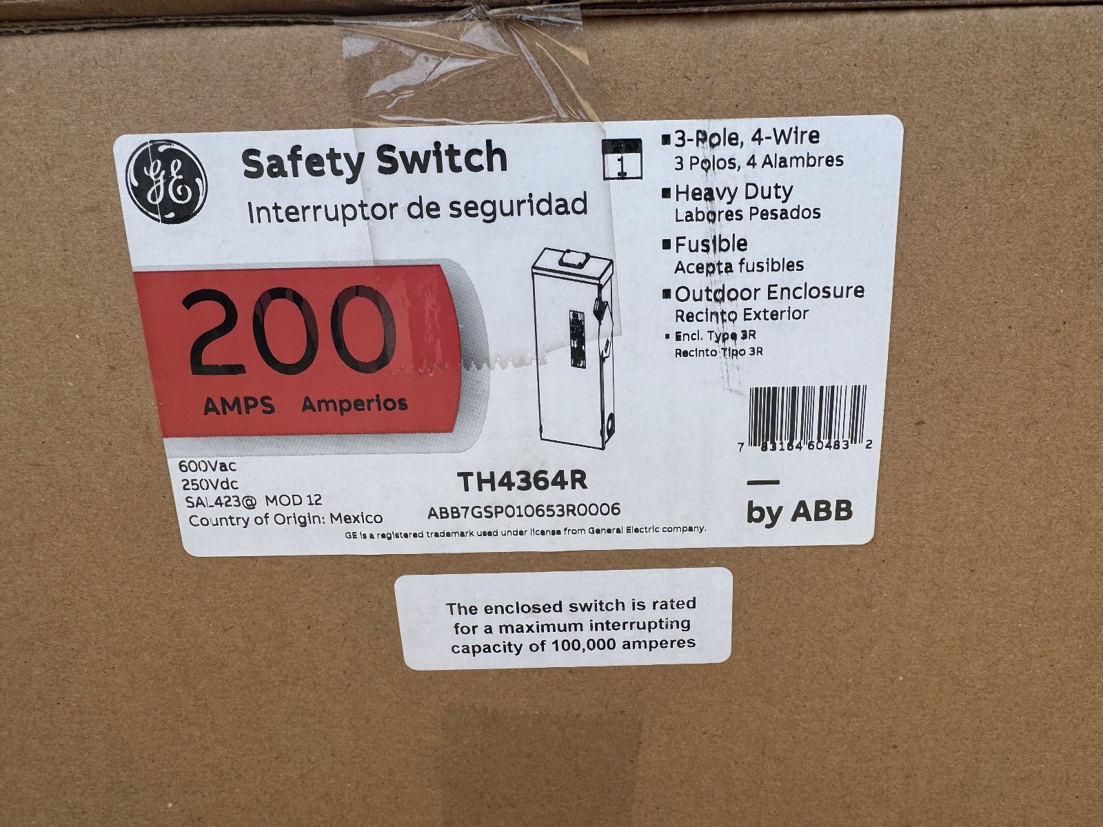 GE ABB TH4364R Heavy Duty Fusible Safety Switch 3P 200A 600V 3R Outdoor Encl New