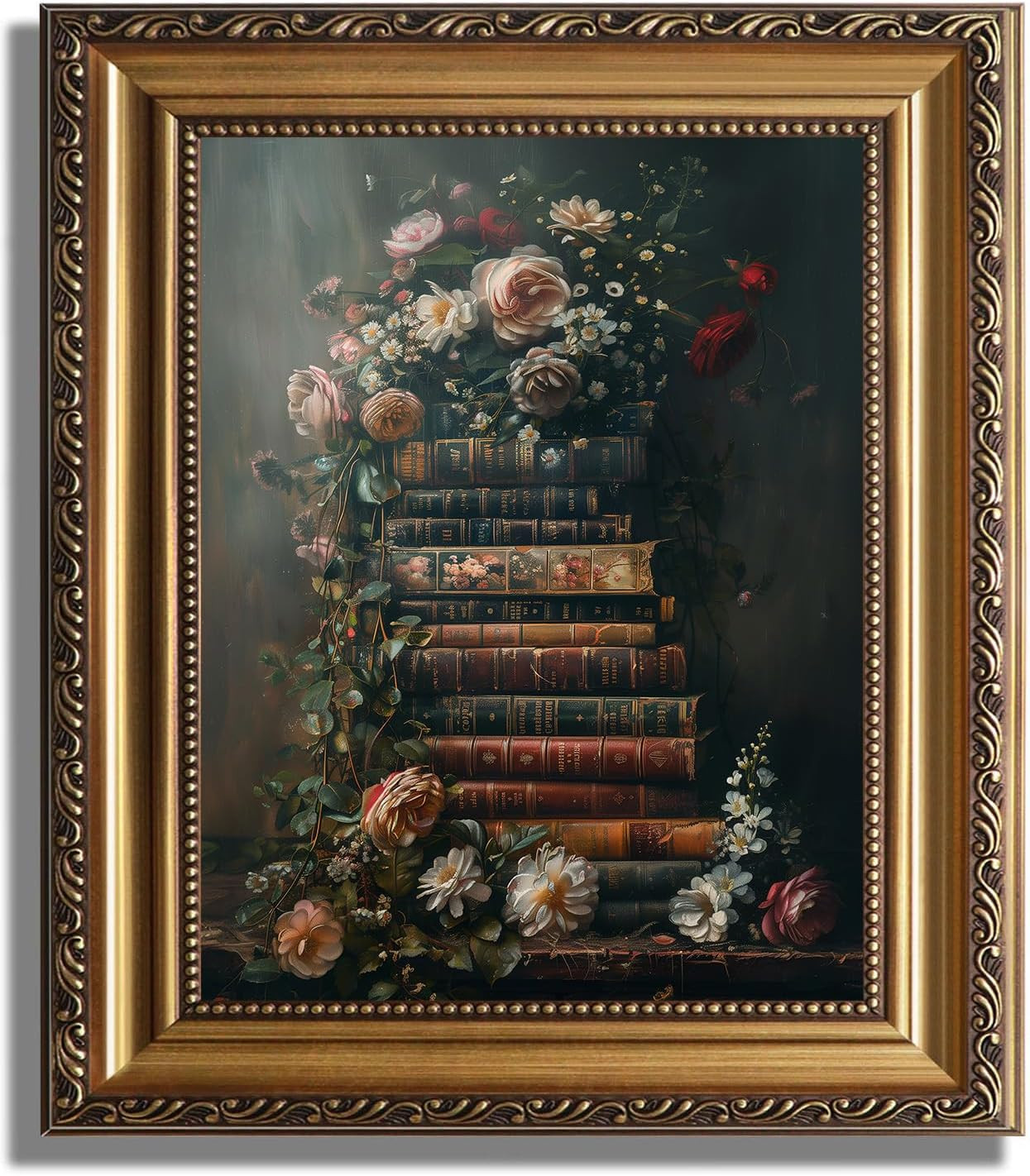 Framed Vintage Floral Wall Art - Moody Flowers Books Art Oil Painting, Vintage W
