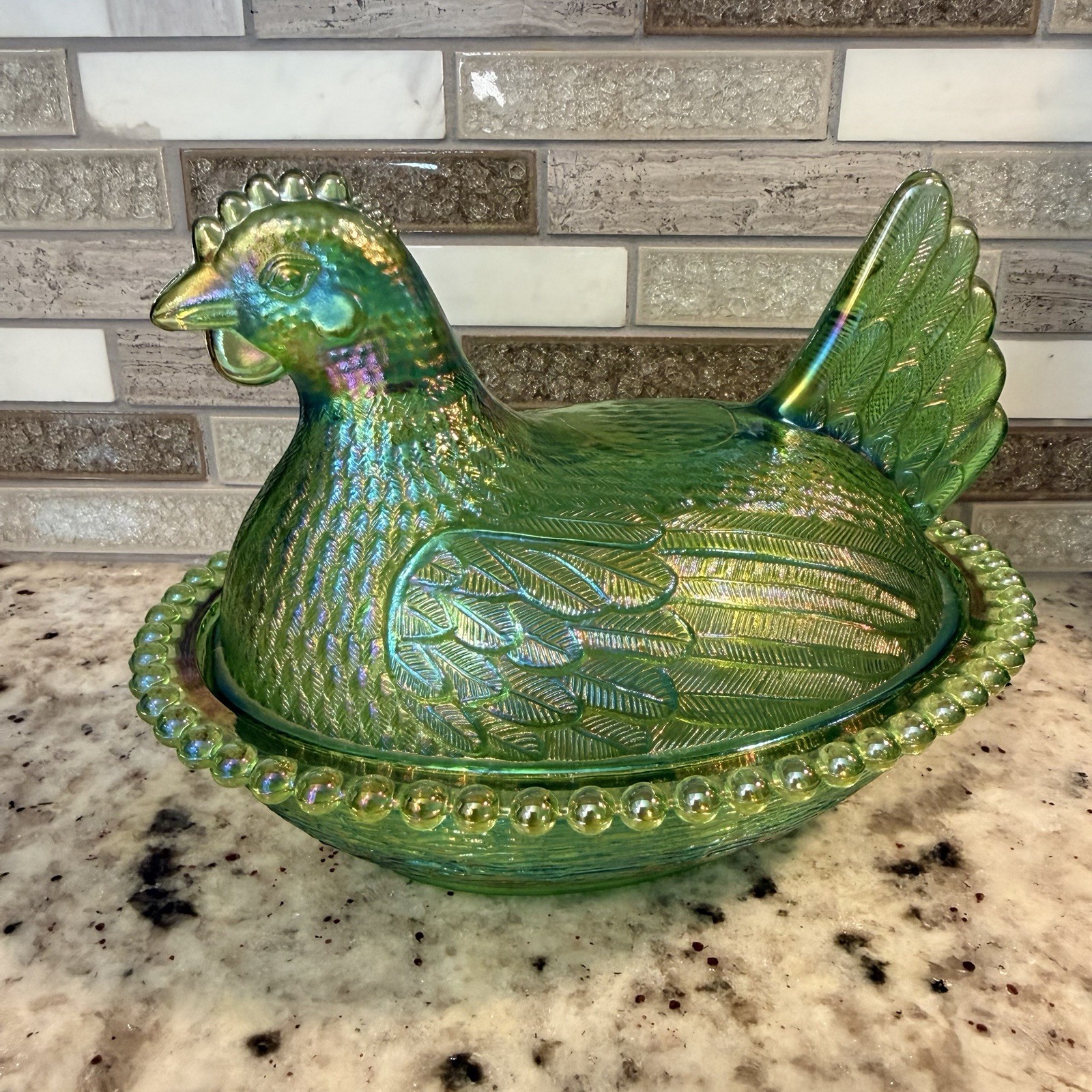 GORGEOUS Vintage 1971  Indiana Glass Lime Green Iridescent “Hen on Nest” Beaded