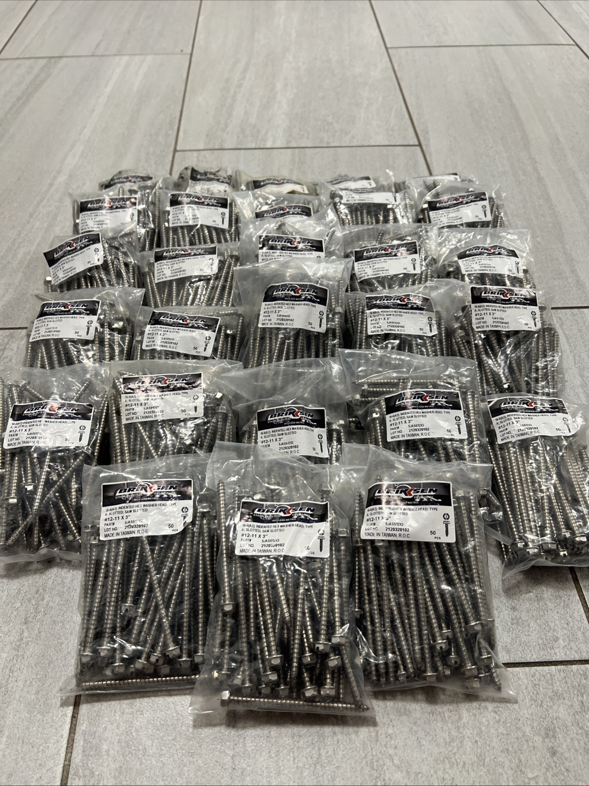 (Lot Of 28 Bags) Brikksen #12-11 X 3” Stainless Steel Indent Hex Washer Screw (Lot Of 28 Bags) Brikksen #12-11 X 3” Stainless Steel Indent Hex Washer Screw