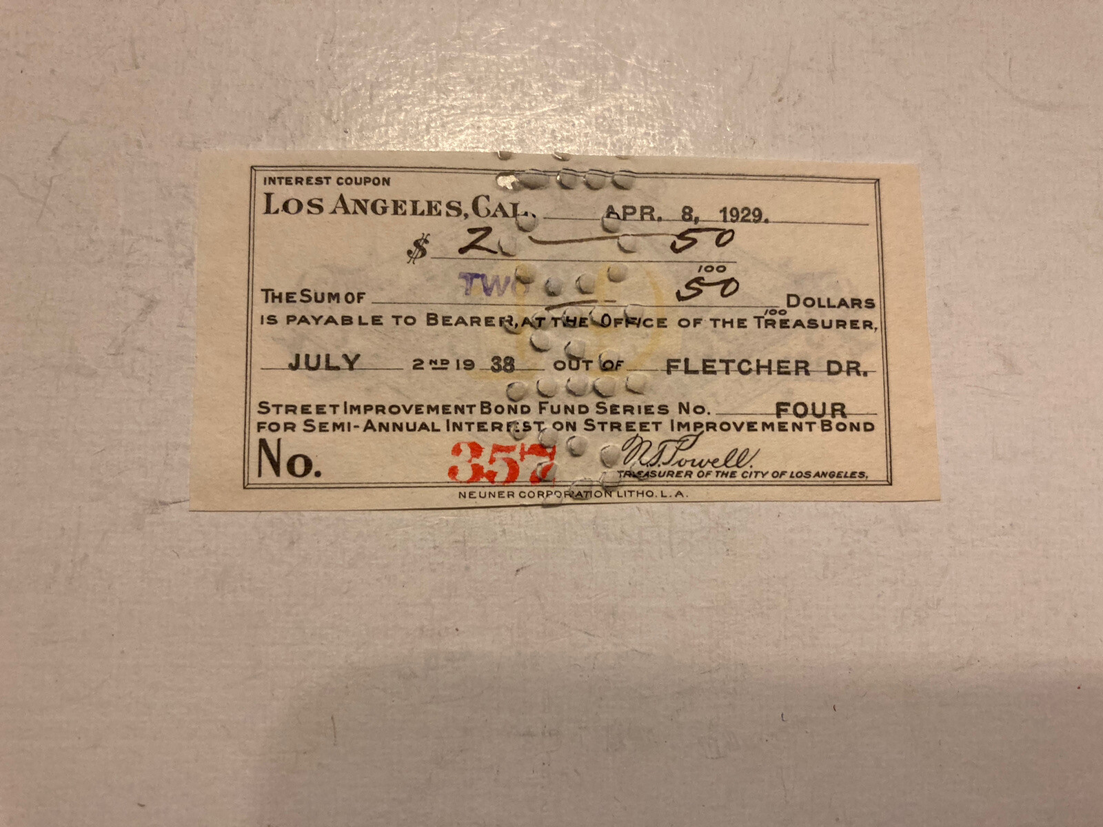 Vintage Interest Coupon 1929 Los Angeles CA Street Improvement Bond Vintage Interest Coupon 1929 Los Angeles CA Street Improvement Bond