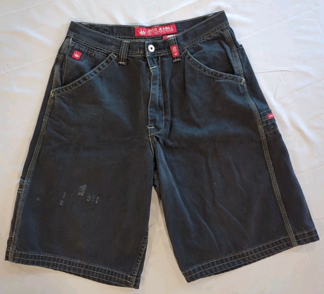 Vintage 90s JNCO Huge Crown Logo Wide Leg Black Shorts Men\'s Size 34