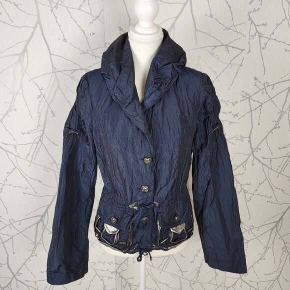 Crisca Navy Crinkle Shawl Collar Artsy Button Front Blazer | Women\'s 6 Crisca Navy Crinkle Shawl Collar Artsy Button Front Blazer | Women\'s 6