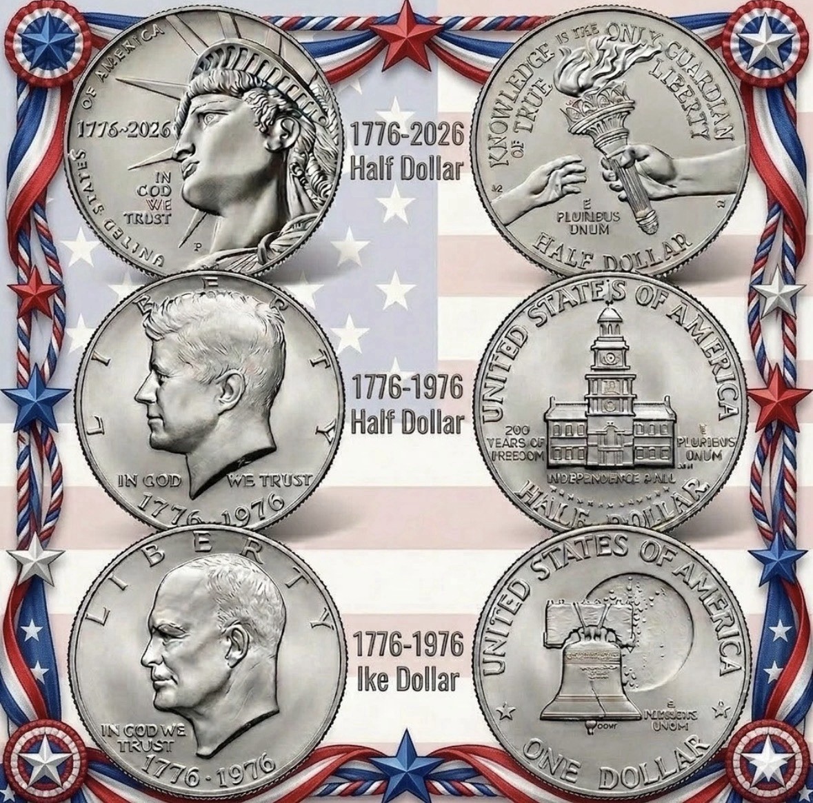 2026 P Semiquincentennial & 1976 Bicentennial Half Dollar D + Ike Dollar D