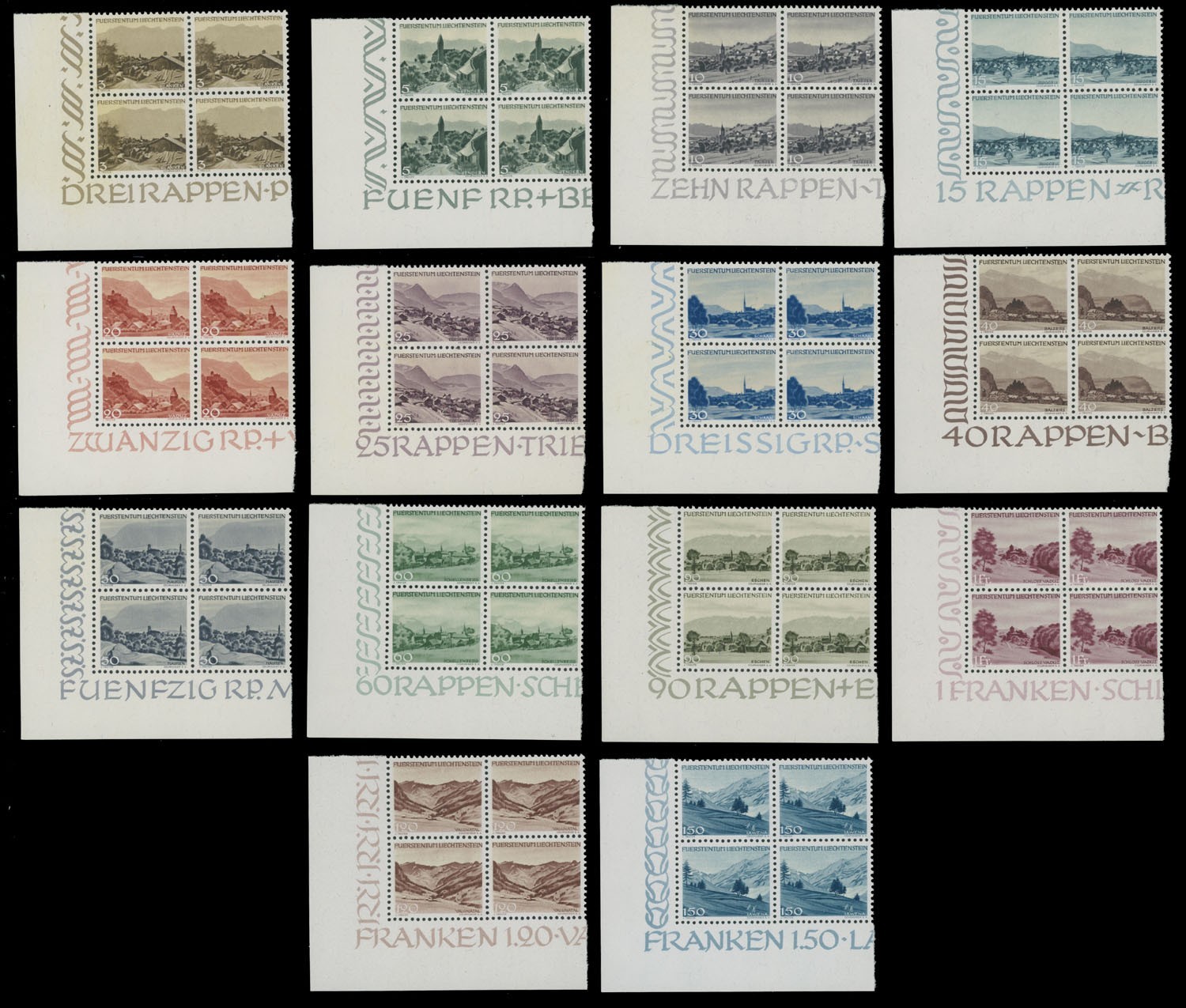 1944, LIECHTENSTEIN, LANDSCAPES, SET, CORNER MARGIN BLOCKS OF 4, NH, SC.#198-211