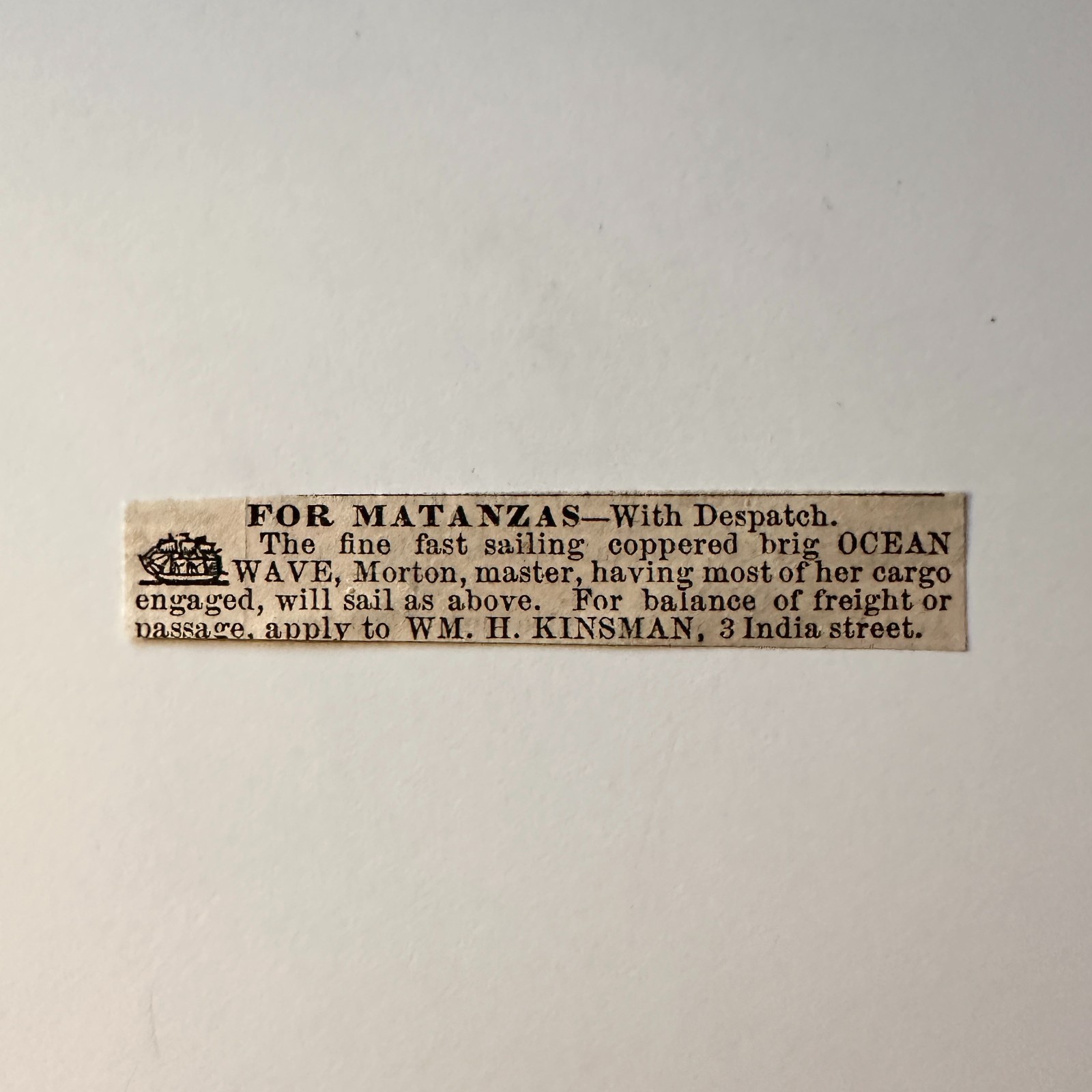 Wm. H. Kinsman For Matanzas 1860 Boston Ad 5AK9-S49 Wm. H. Kinsman For Matanzas 1860 Boston Ad 5AK9-S49