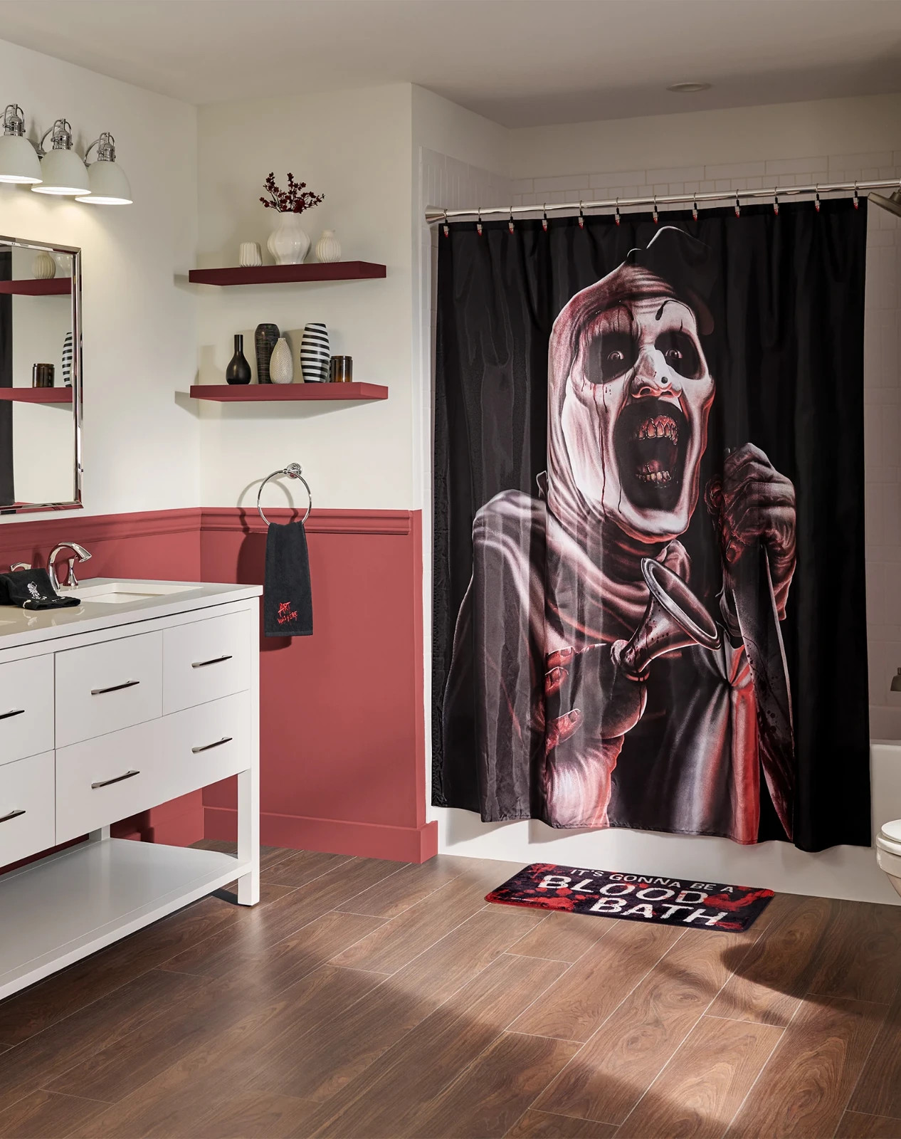 Terrifier Art The Clown 17 piece Bathroom Set- Spirit Halloween. Ships quick