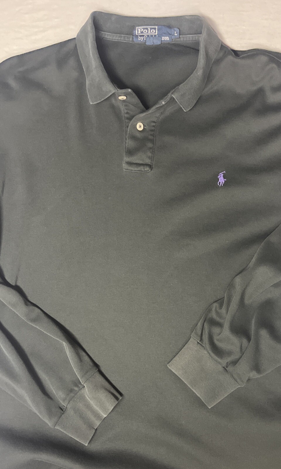 Vintage Polo Ralph Lauren Long Sleeve Polo Shirt Black W Purple Logo Men\'s LG Vintage Polo Ralph Lauren Long Sleeve Polo Shirt Black W Purple Logo Men\'s LG