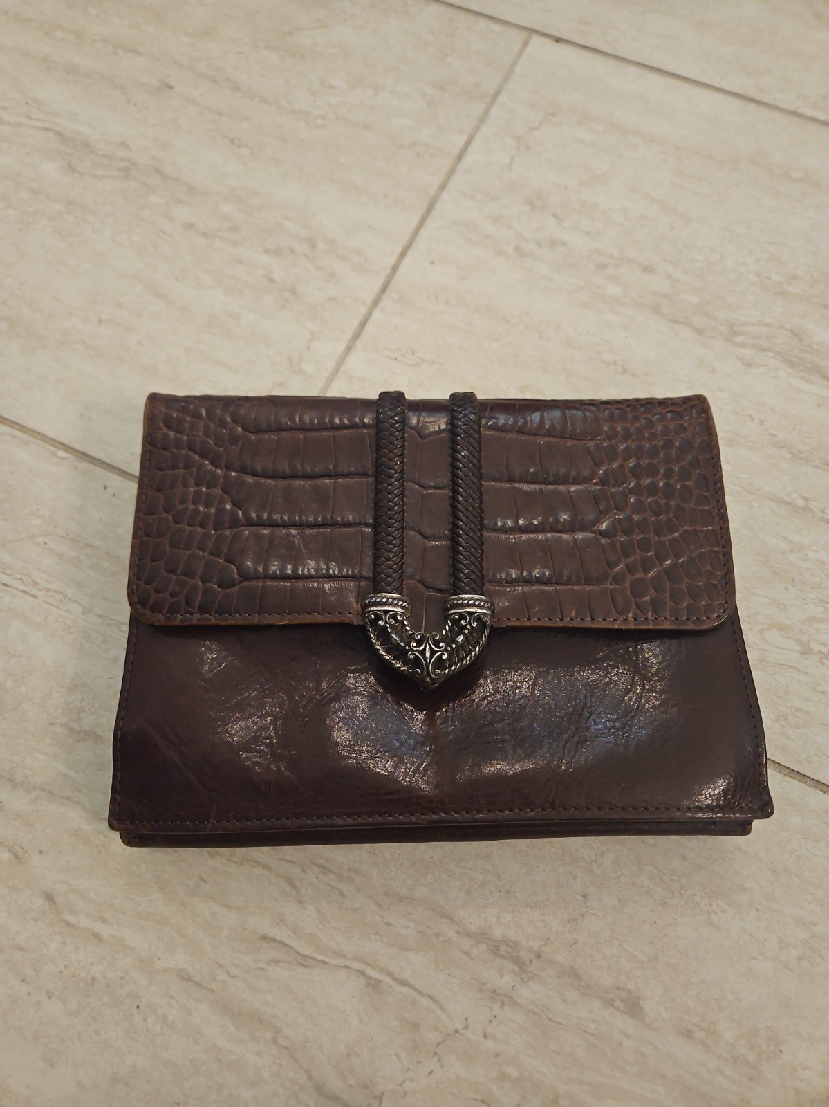 Brighton Brown Black Organizer Croc Embossed Leather Wallet Tri-Fold Heart