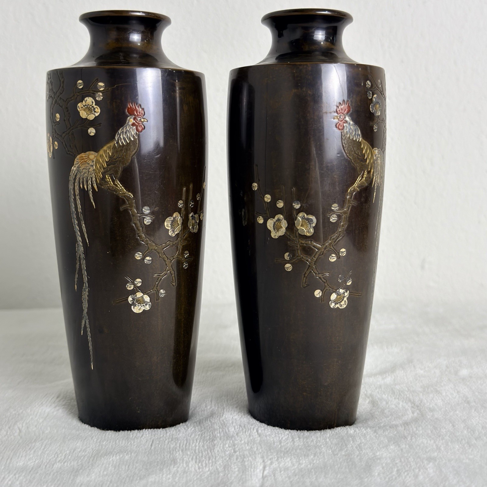 Antique Pair of Japanese Bronze Vases Rooster & Prunus Mixed-Metal Inlay Signed Antique Pair of Japanese Bronze Vases Rooster & Prunus Mixed-Metal Inlay Signed