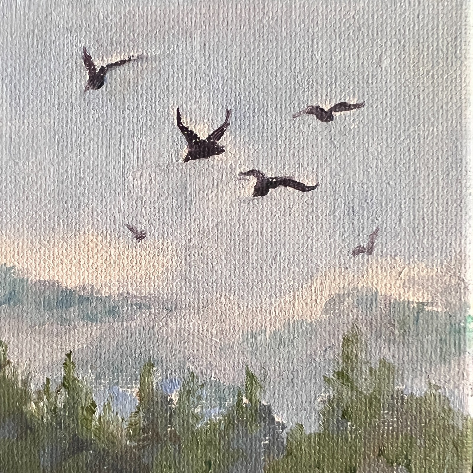 Sophie Dare Original Art, 4x4x1.5 Bird Oil painting Flock 6 with ribbon hanger