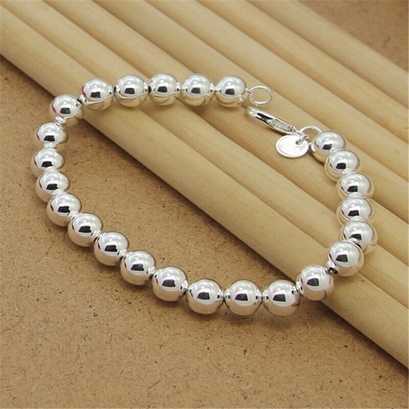 10MM Round Glossy Bead Bracelet 925 sterling silver 7\'\' long lobster lock