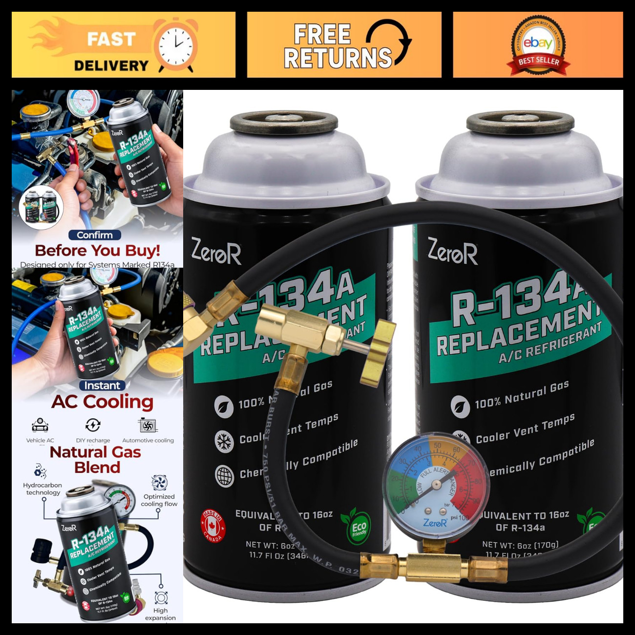 Eco-Friendly R134a AC Recharge Kit with 24-Inch Charging Hose Tool - 2 Cans