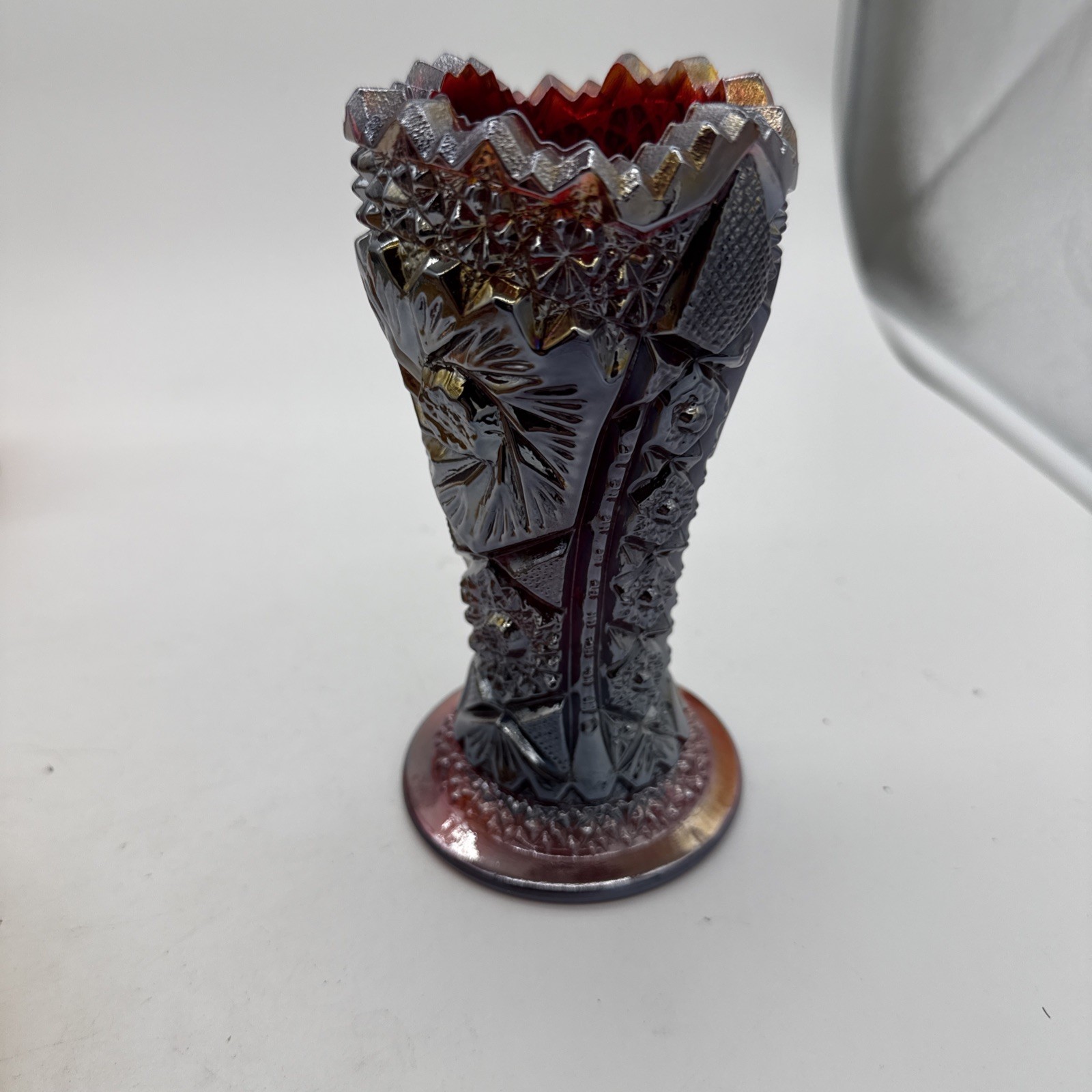 L.E. Smith Multicolor Carnival Glass Vase Pinwheel Whirling Star Design L.E. Smith Multicolor Carnival Glass Vase Pinwheel Whirling Star Design