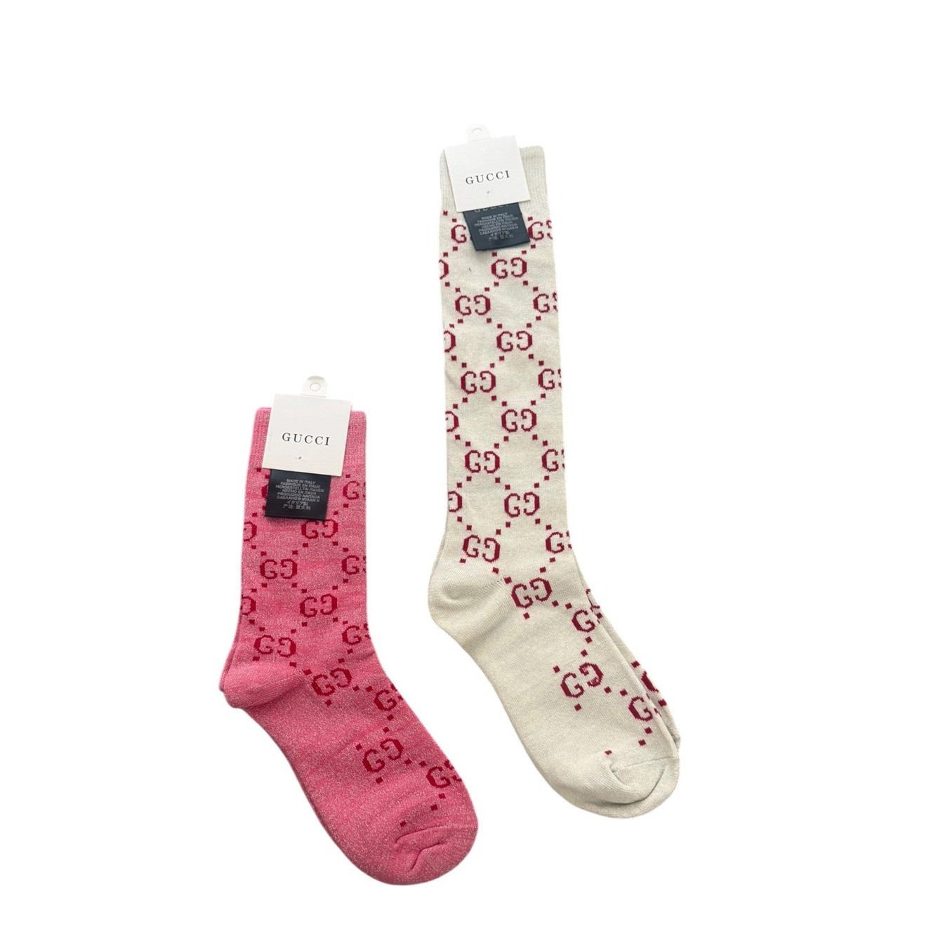 2 Pair Gucci Outlet GG Monogram Socks. 1 Knee High & 1 Crew— Pink & Gray 2 Pair Gucci Outlet GG Monogram Socks. 1 Knee High & 1 Crew— Pink & Gray