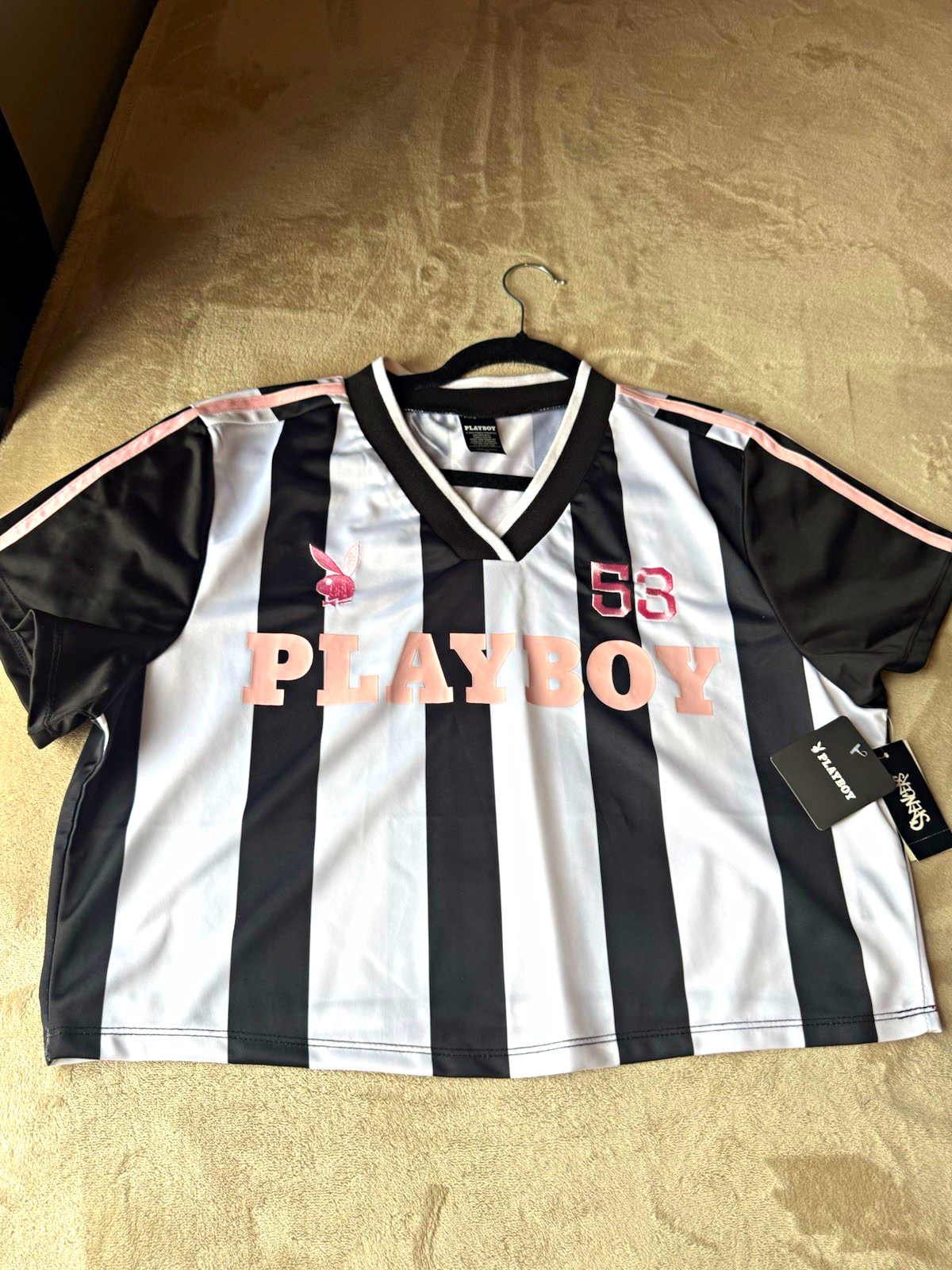 Playboy Bunny Logo Striped V-Neck Jersey T-Shirt Short Sleeve XL Polyester Playboy Bunny Logo Striped V-Neck Jersey T-Shirt Short Sleeve XL Polyester