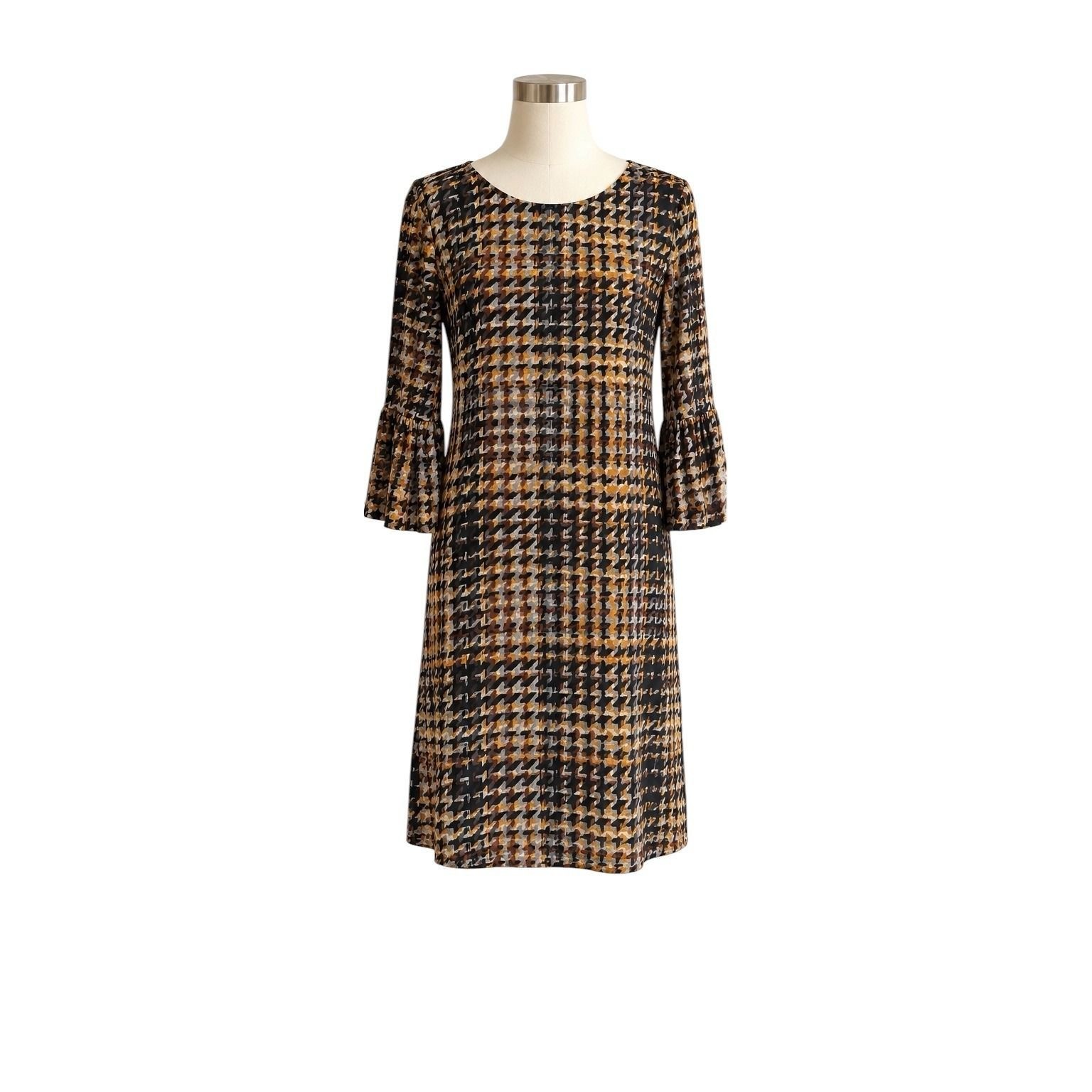 NWT London Style Collection Houndstooth Bell Sleeve Shift Dress Size 10