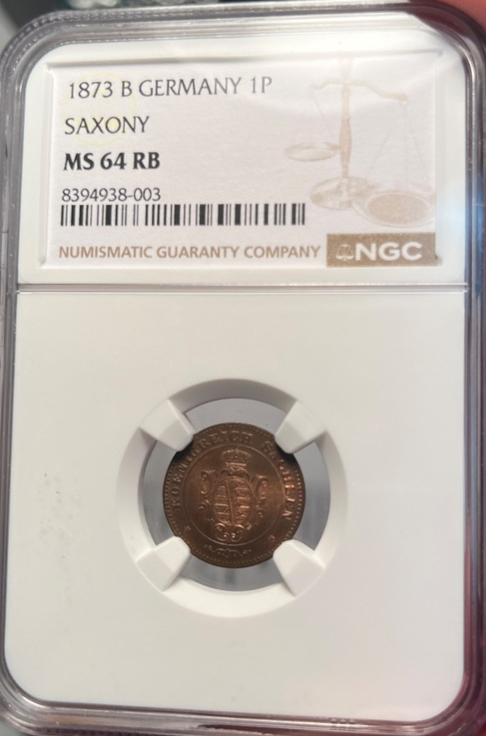 1872 B Germany Saxony 1 Pfennig NGC MS 64 RB  Top Pop 1/0 None Finer