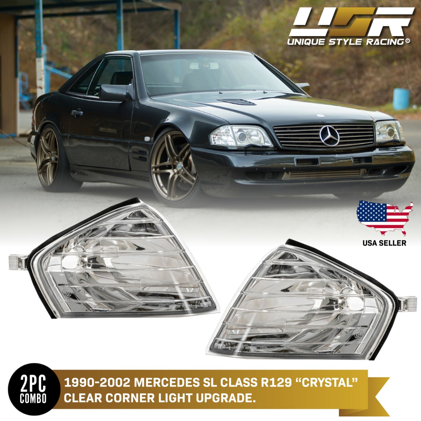 Fits 1990-2002 Mercedes Benz SL Class R129 EURO Crystal Corner Light Lamp Pair
