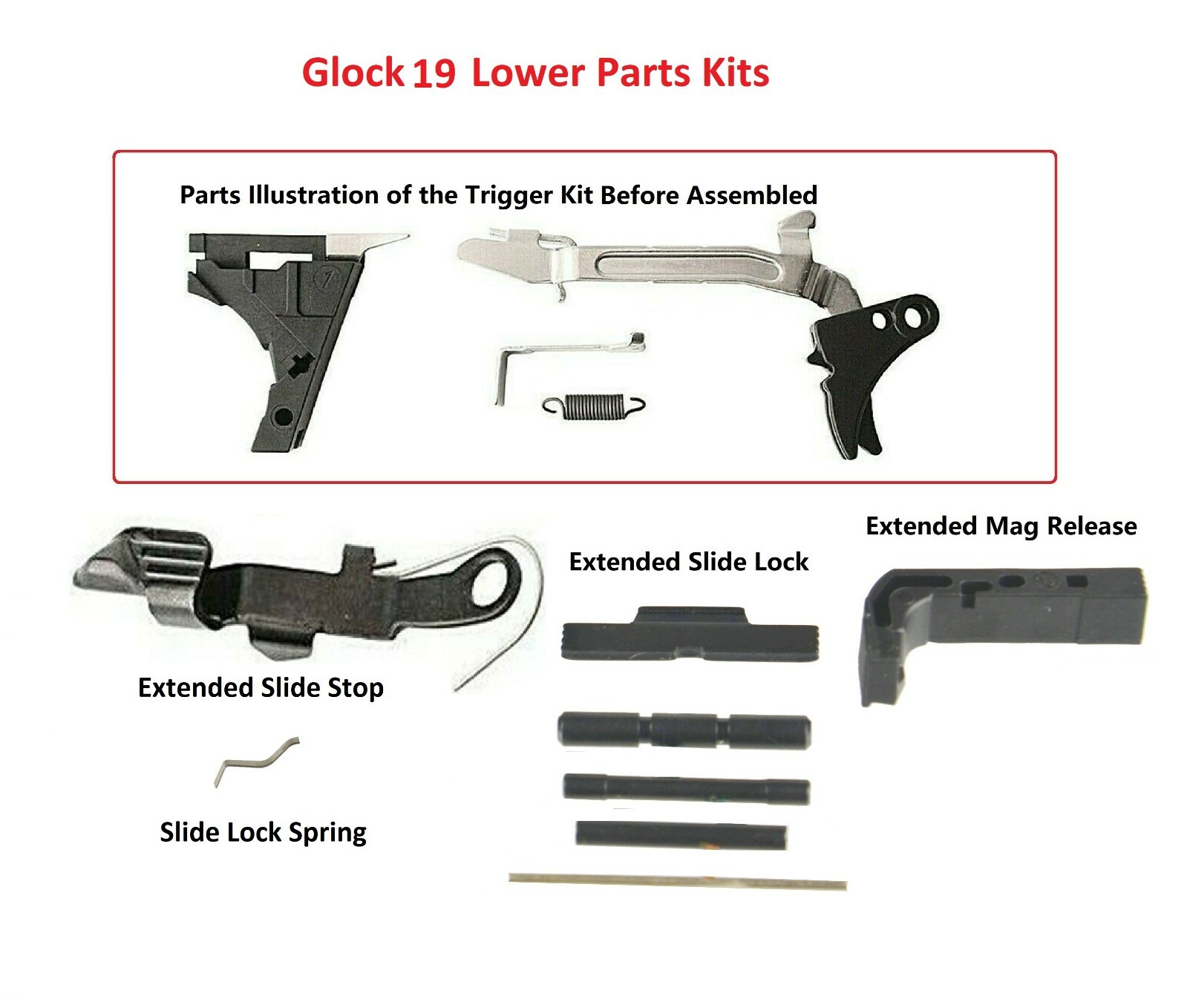 For Glock 19 LPK Polymer Trigger Both Extended Release & Slide Lock For Glock 19 LPK Polymer Trigger Both Extended Release & Slide Lock