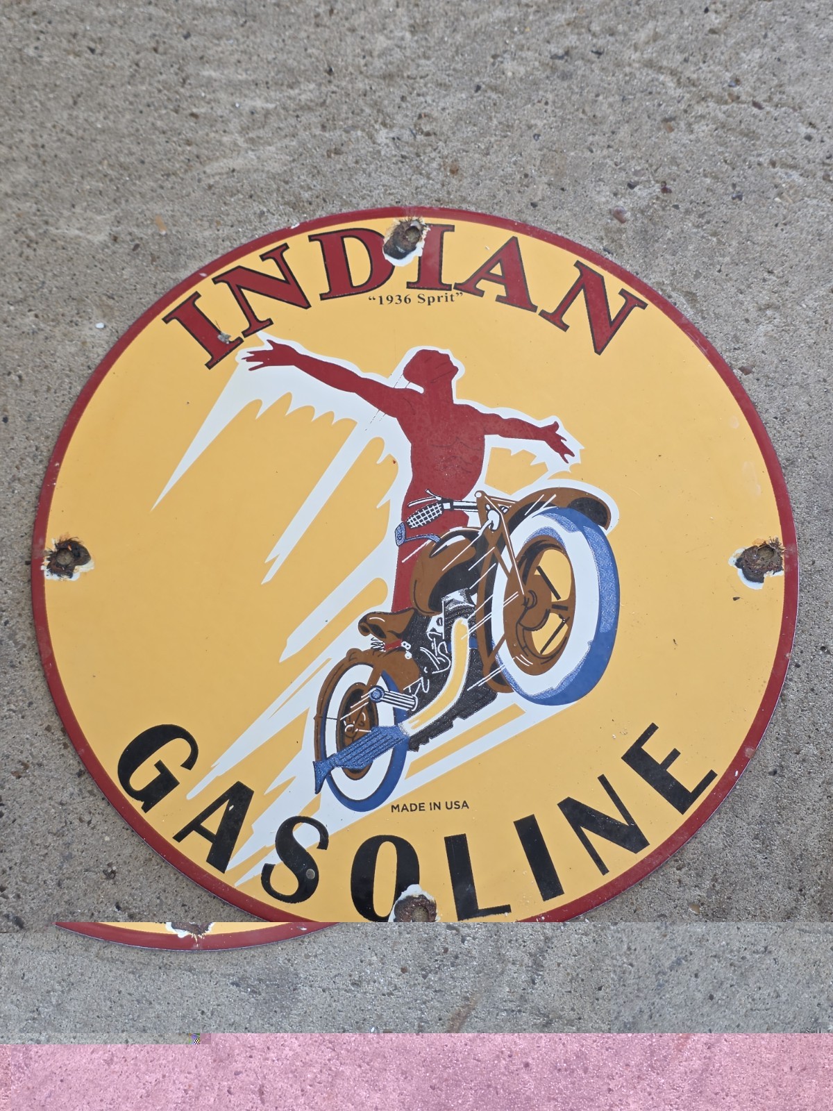 VINTAGE 1936 SPIRIT INDIAN GASOLINE PORCELAIN SIGN 12 VINTAGE 1936 SPIRIT INDIAN GASOLINE PORCELAIN SIGN 12
