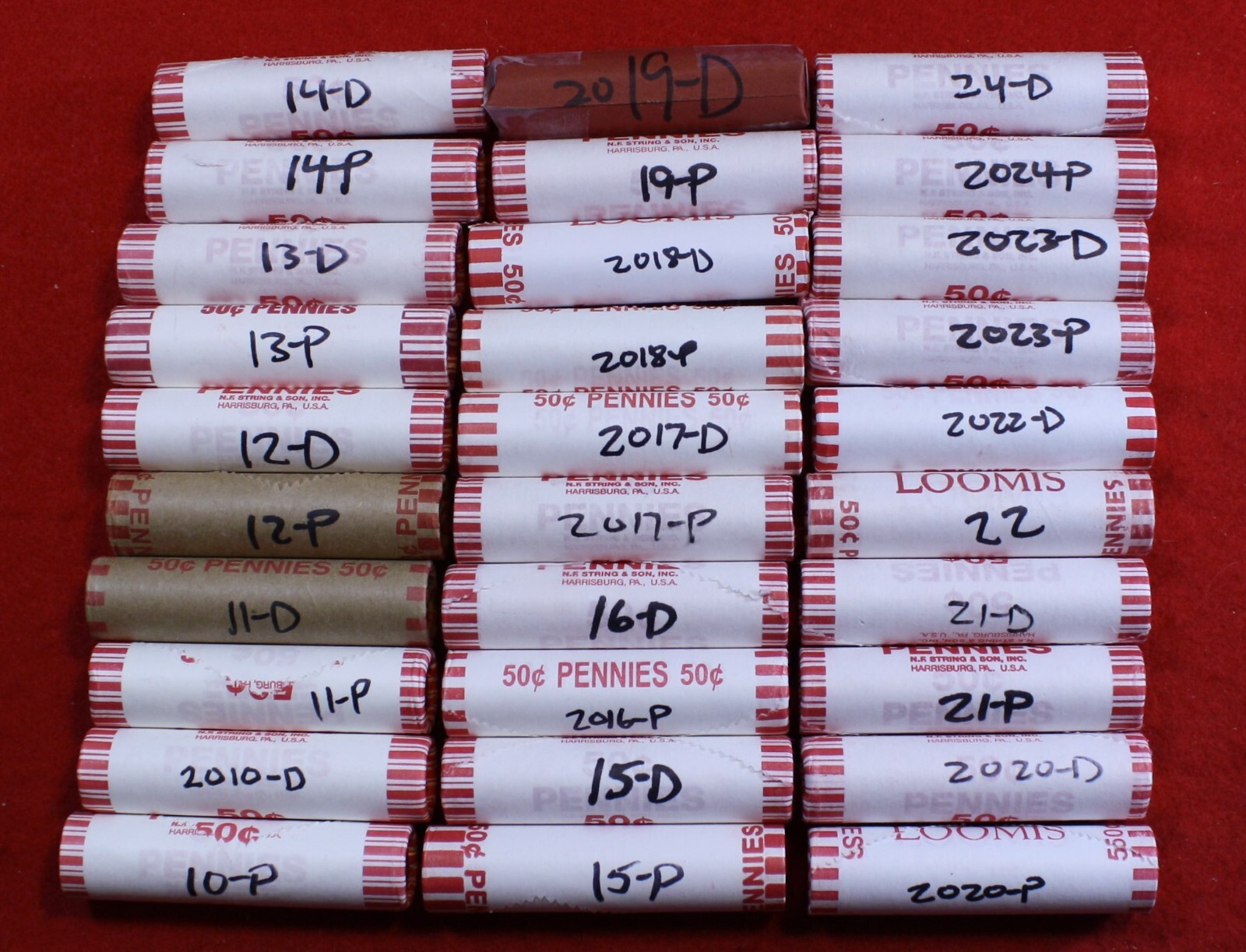 2010-2025 P&D Lincoln Shield Cent Penny set 32-50 Coin rolls roll Uncirculated