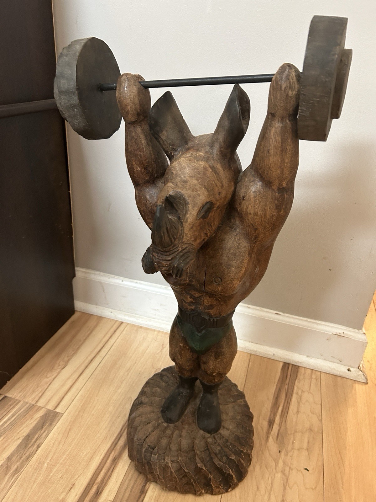 VTG Hand Carved Solid Wood Rhino Weightlifter Circus Unique Art VTG Hand Carved Solid Wood Rhino Weightlifter Circus Unique Art