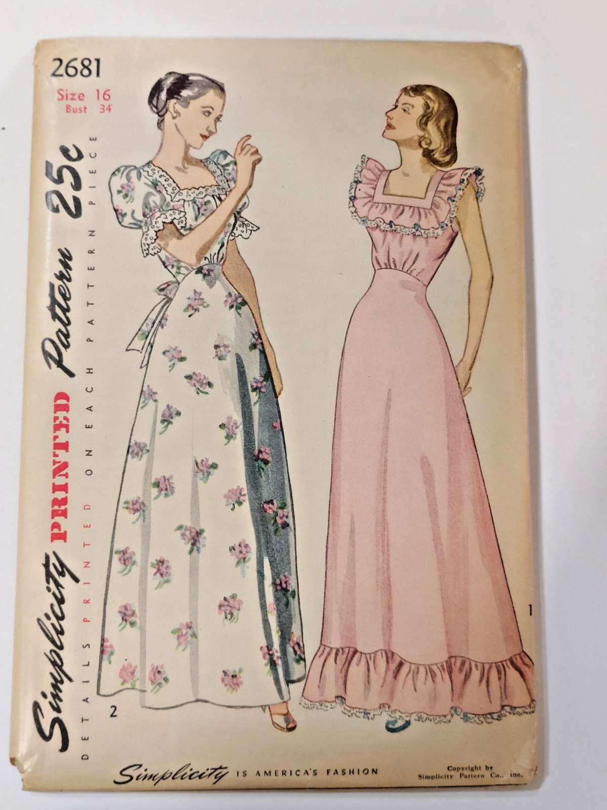 Simplicity 2681 Nightgown Dress Sewing Pattern Ladies 16 VTG 40\'s UC Gown Long