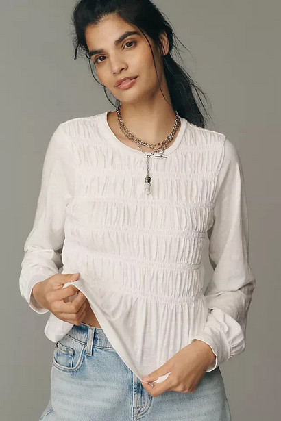 Pilcro Long-Sleeve Smocked Top Anthropologie Pullover Ruffle Blouse White New M