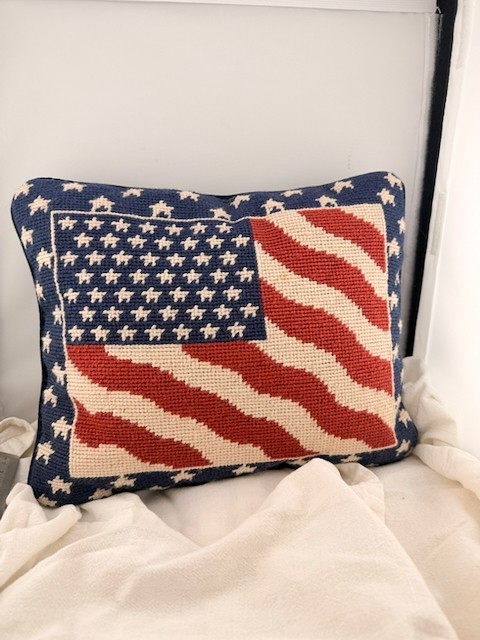 Vintage American Flag Needlepoint Pillow Patriotic Stars Stripes Americana Decor