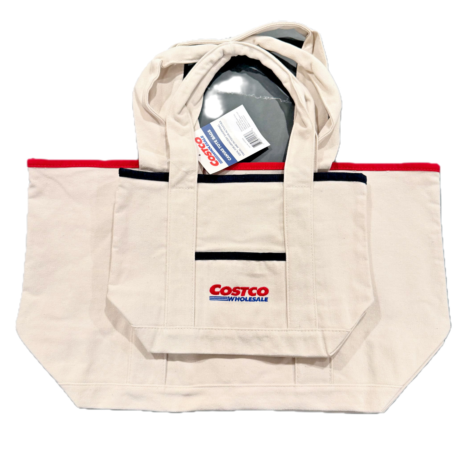 Costco Wholesale Canvas Tote Bag 2 Bags - Red and Navy Trim, 1 Large, 1 Small Costco Wholesale Canvas Tote Bag 2 Bags - Red and Navy Trim, 1 Large, 1 Small