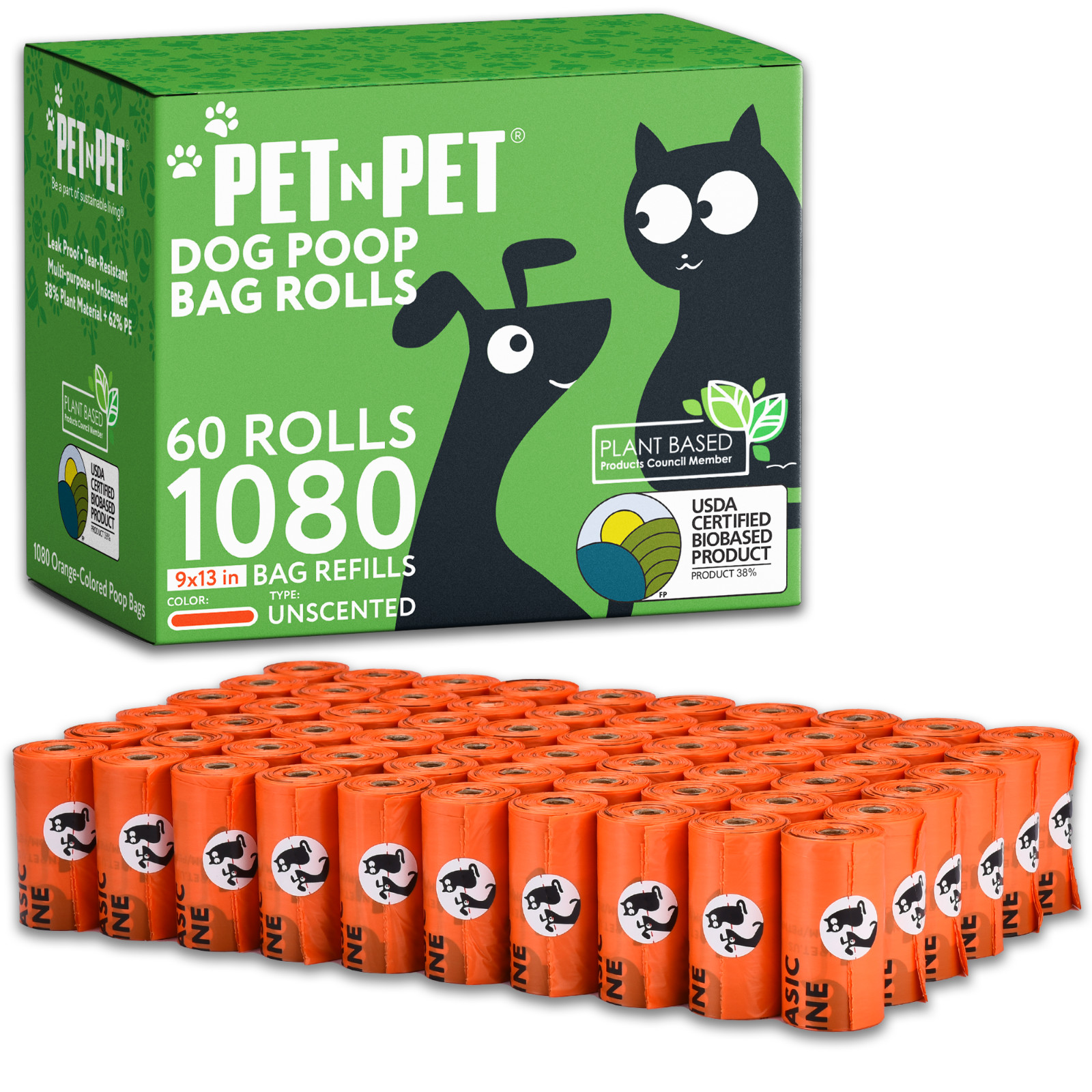 Pet N Pet 1080 Counts Orange Dog Poop Bag Rolls 38% Plant Based 62% PE Waste Bag