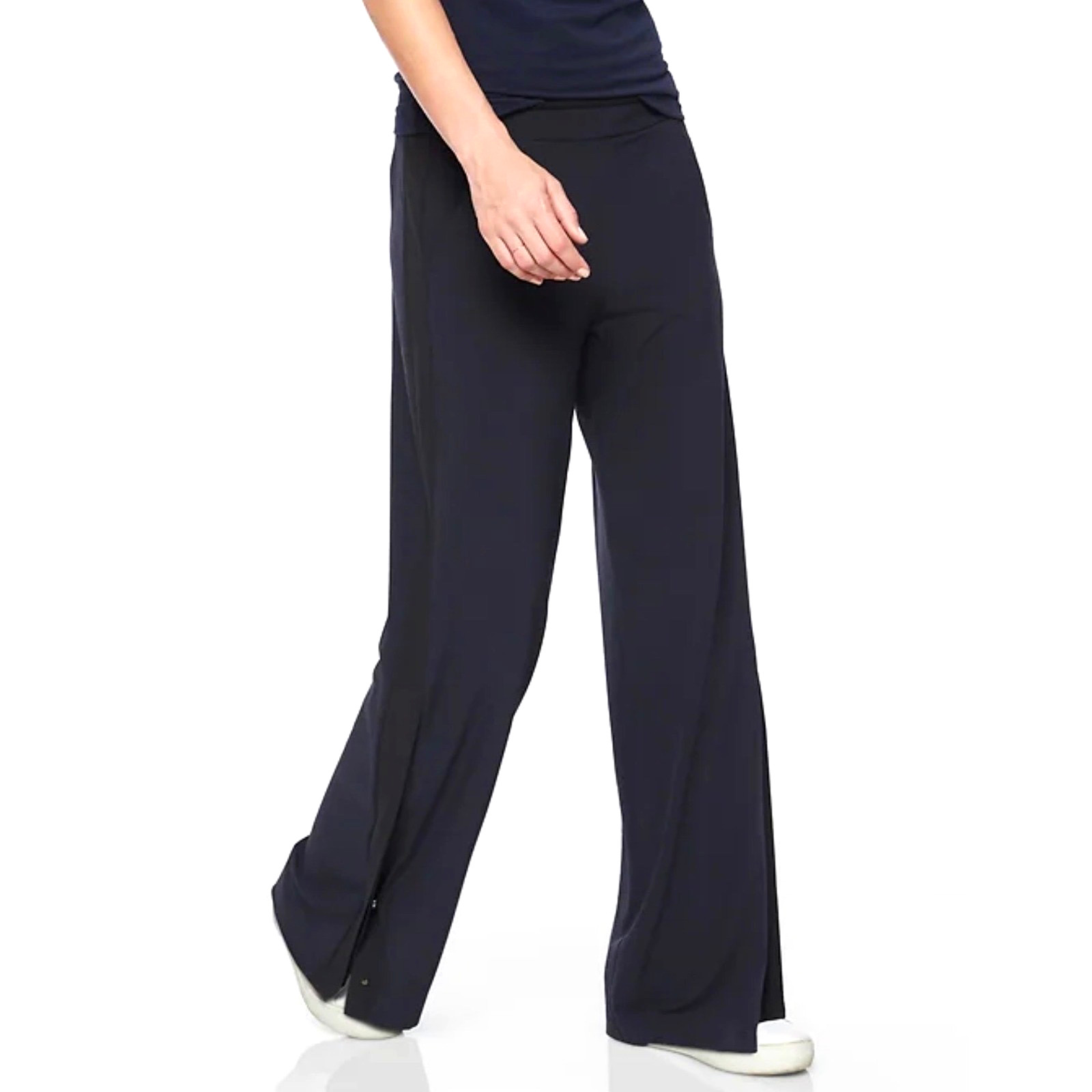 Athleta Stretch Wide Leg Pants  NWT 2  Blue Snap Open Ankles Black Side Stripe