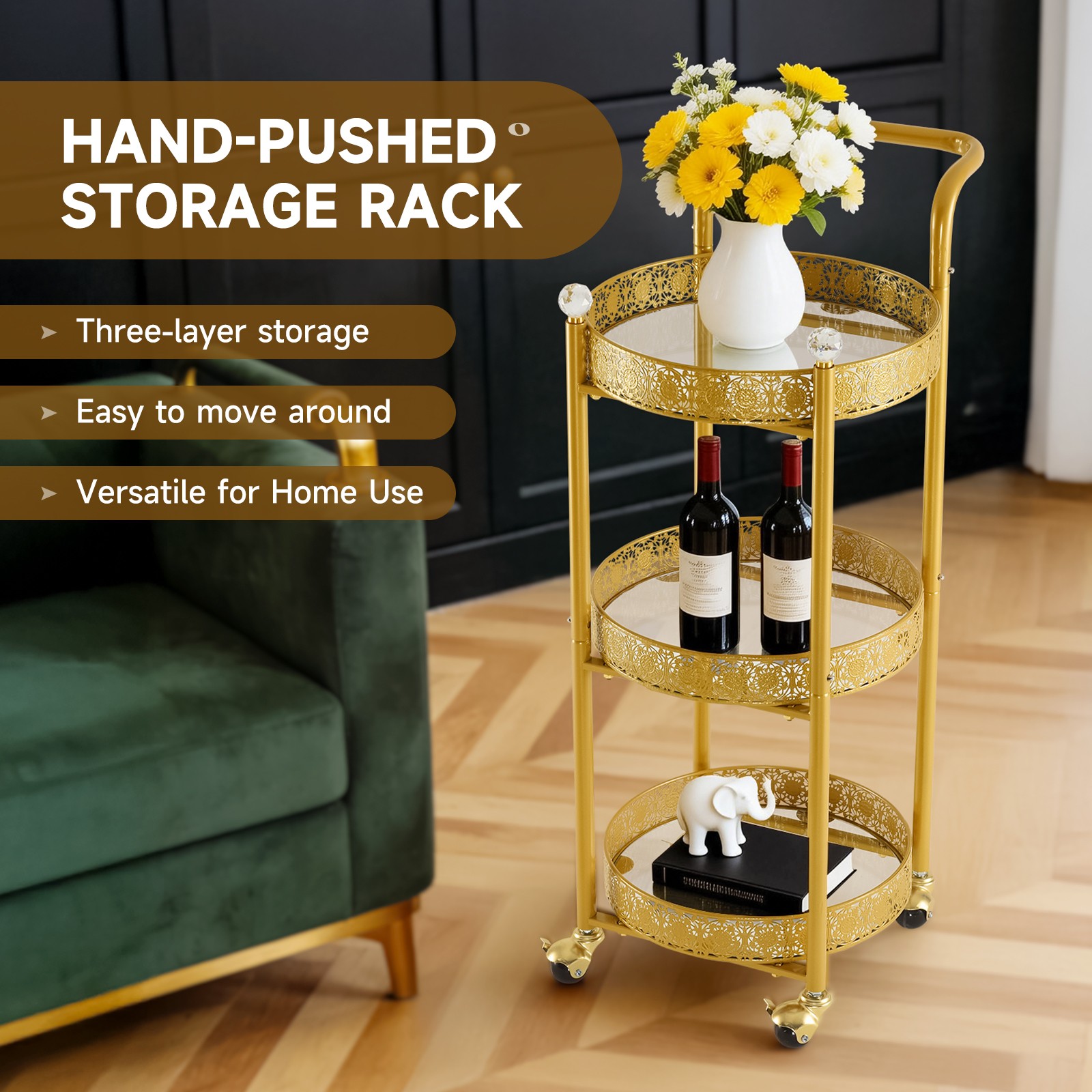 3-Tier Rolling Serving Cart, Luxury Metal Frame Utility Cartwith Wheels 3-Tier Rolling Serving Cart, Luxury Metal Frame Utility Cartwith Wheels