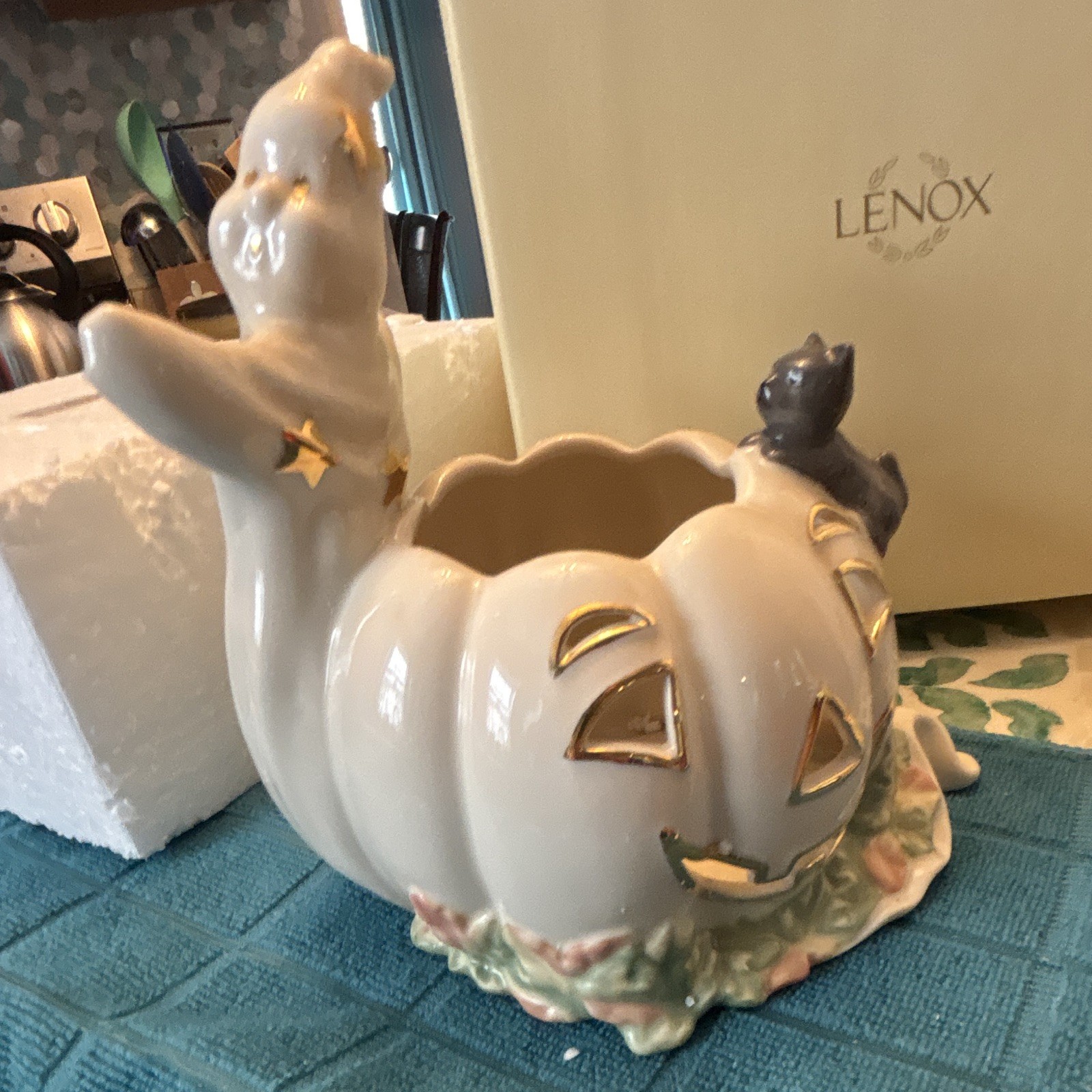 Lenox Halloween Ghost & Cat Pumpkin Tea Light Candle Holder, Boxed