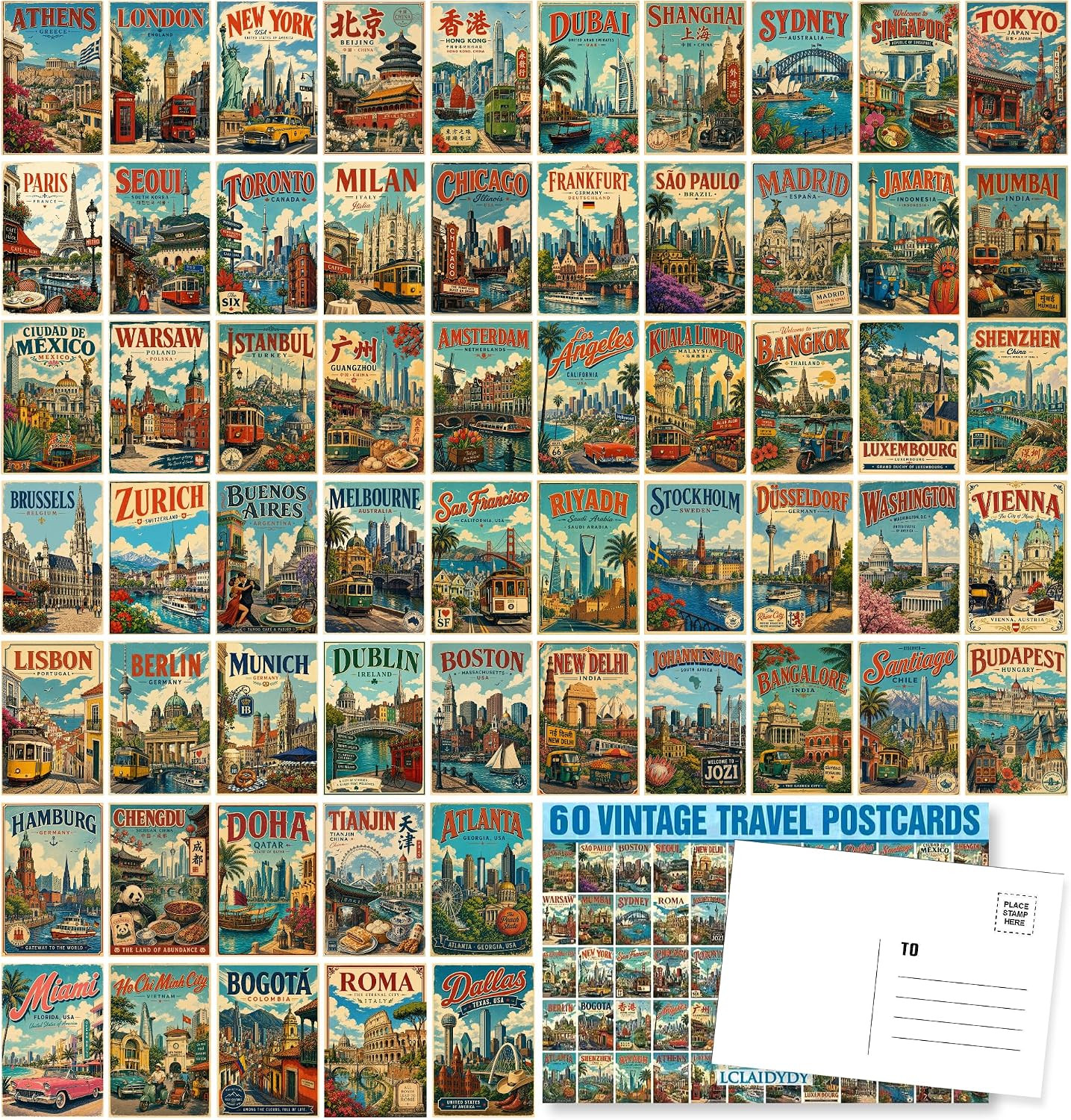 60 Vintage Travel Postcard Set,World Famous Country City Illustrations, 4X6 Mail