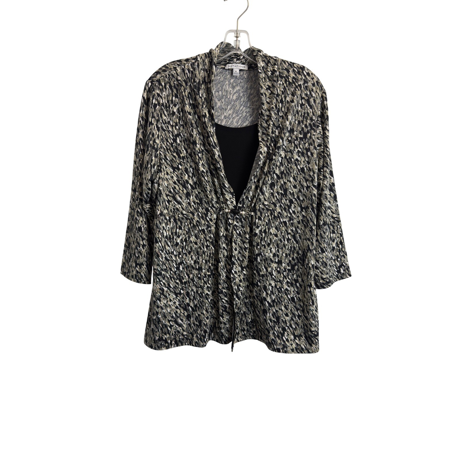 Notations Womens XL Abstract Print 2-in-1 Cardigan Top Beaded Toggle Top Blouse