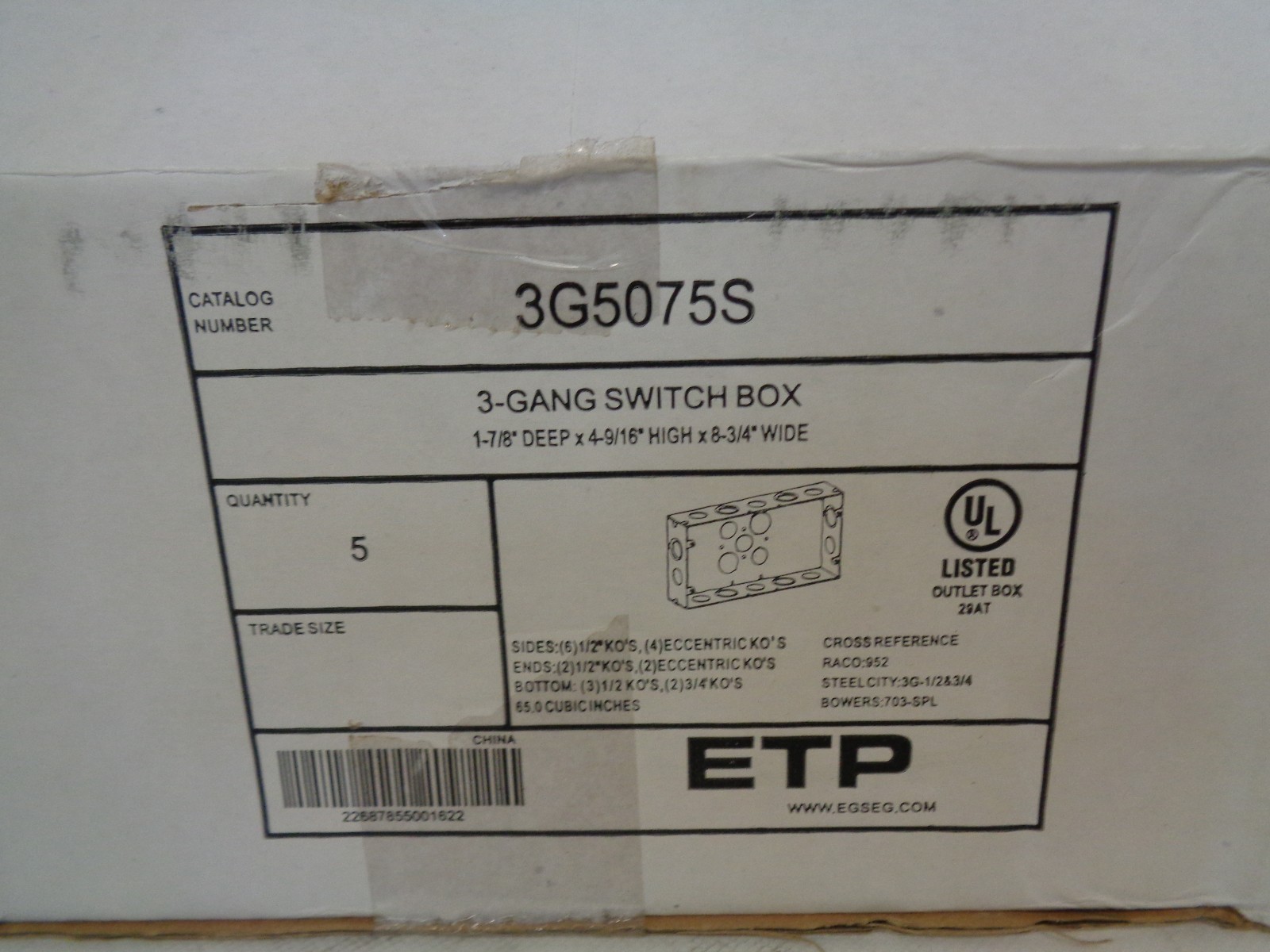 NEW BOX OF 5 ETP 3G5075S 3 GANG SWITCH BOX 1-7/8\ NEW BOX OF 5 ETP 3G5075S 3 GANG SWITCH BOX 1-7/8\